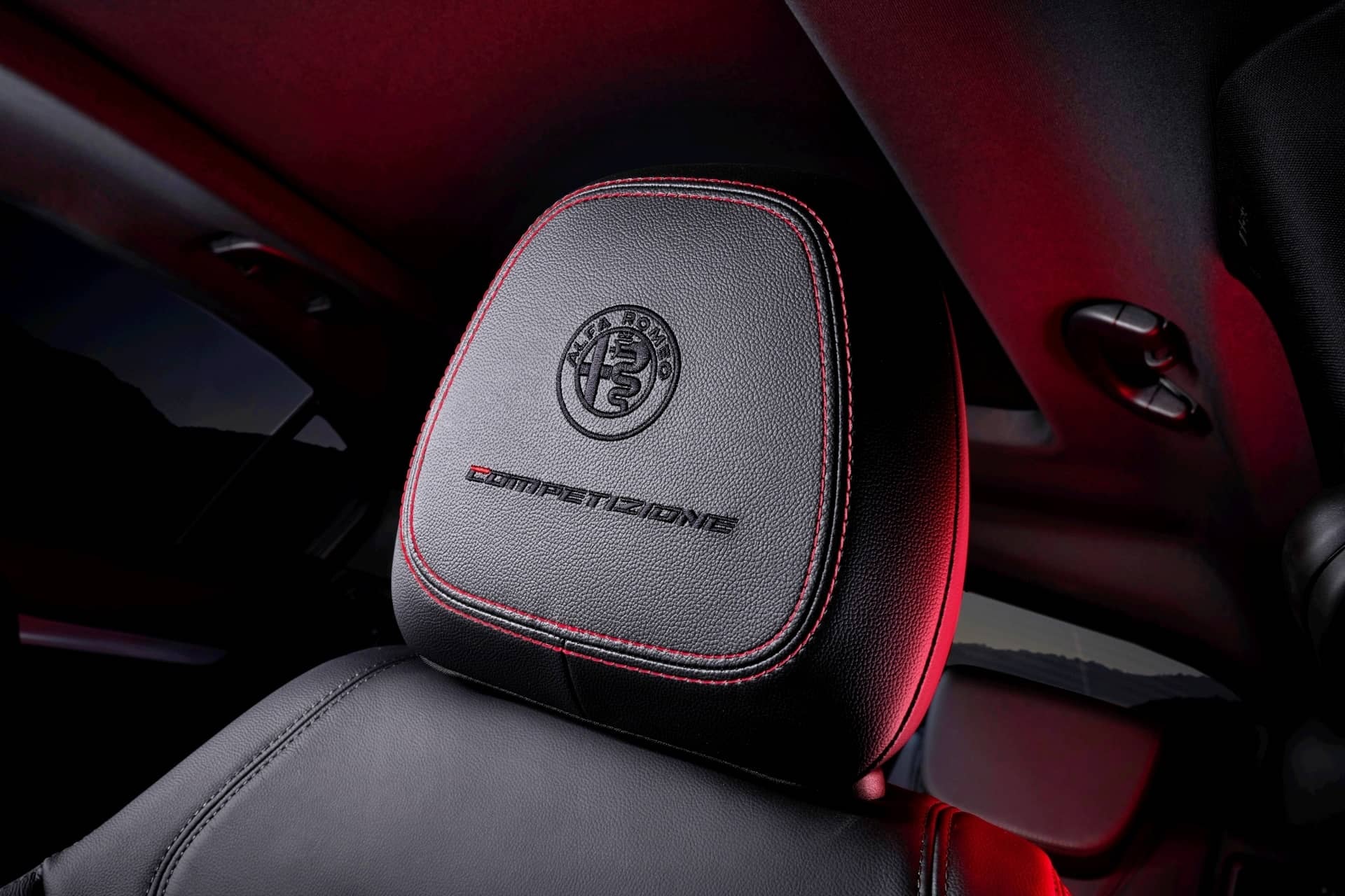 Detalle del bordado en el reposacabezas de los asientos del Stelvio