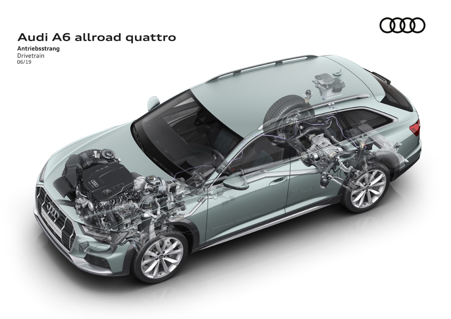 Vista del Audi A6 Allroad quattro con transparencia que muestra el sistema de propulsión.