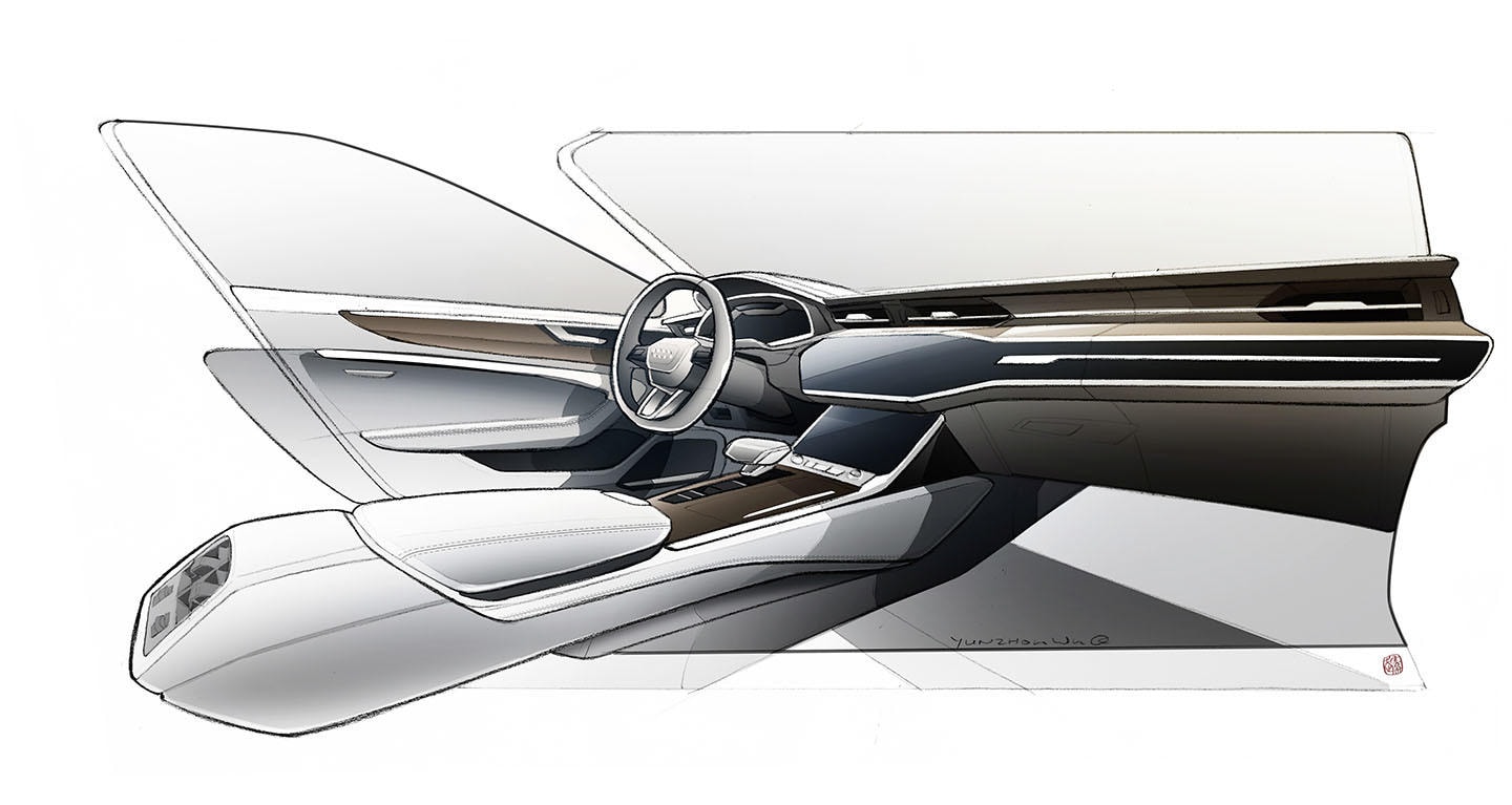 Vista de la consola central del Audi A7 Sportback, con líneas fluidas y acabados de alta calidad.