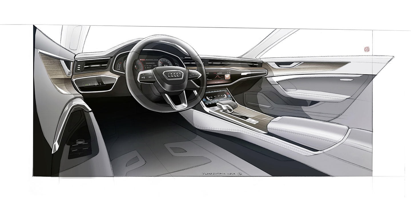 Elegante diseño del habitáculo del Audi A7 Sportback, destacando su minimalismo y tecnología.