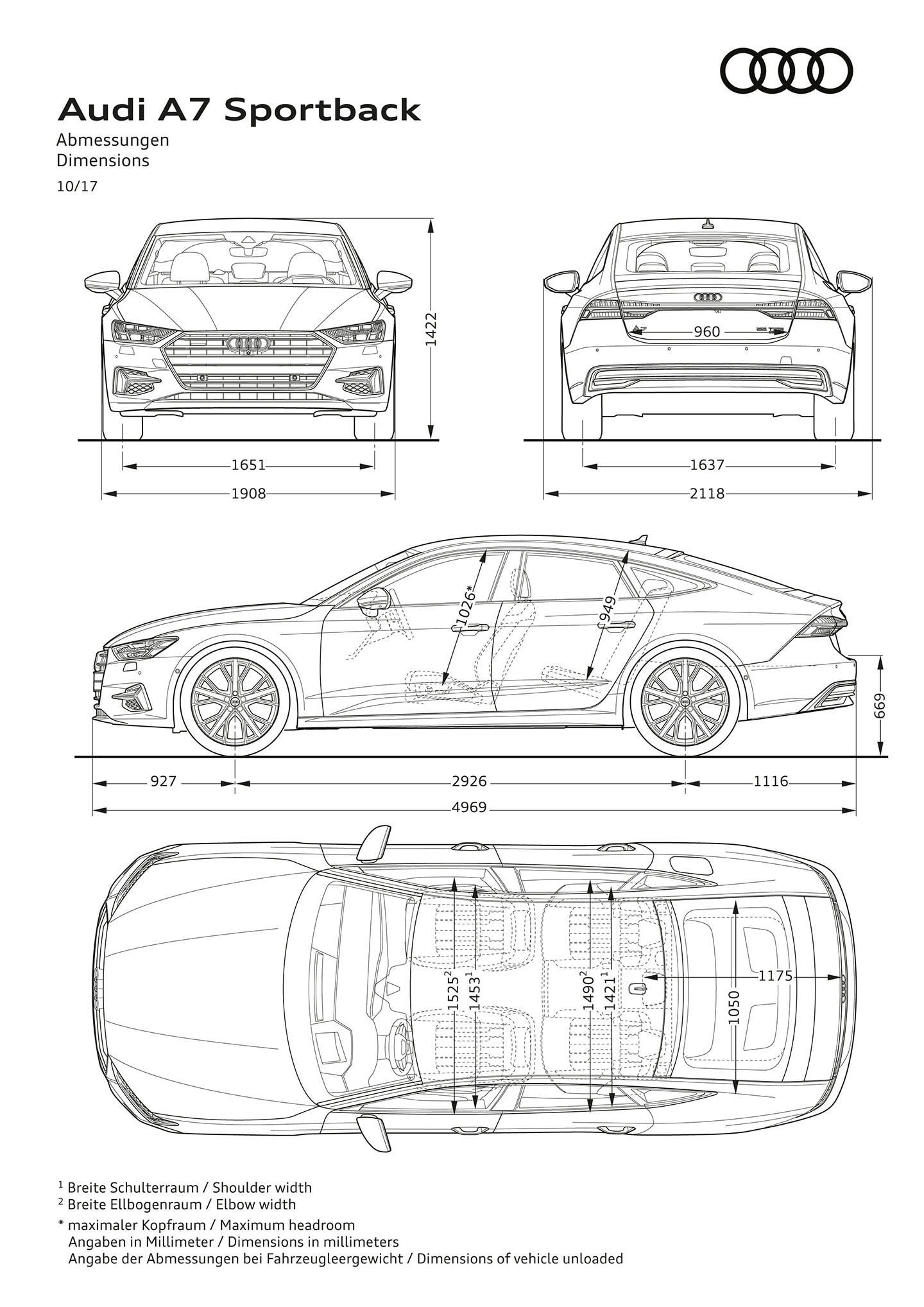 Dibujo técnico con vistas frontal, lateral y superior del Audi A7.