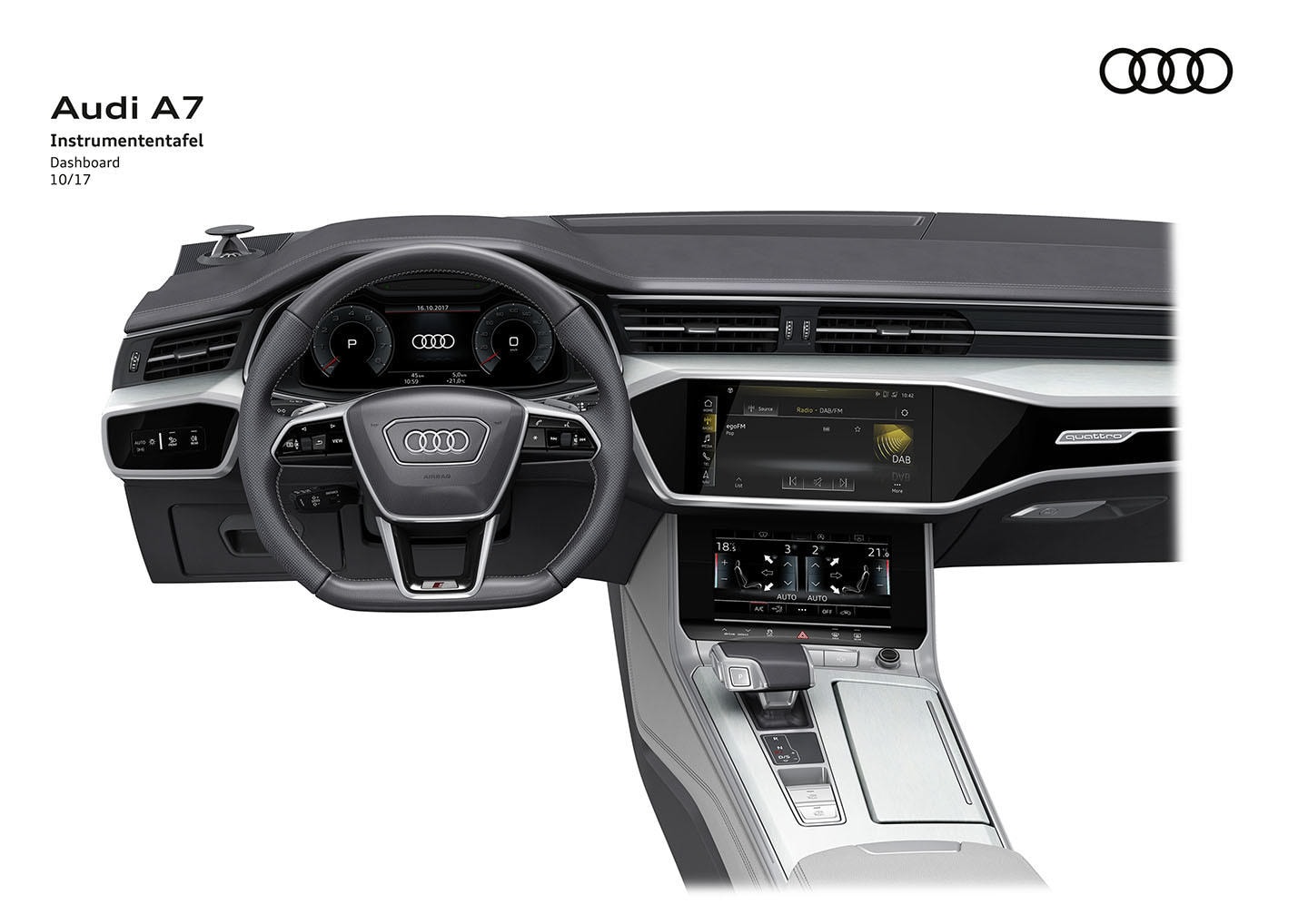 Panel de instrumentos y volante del Audi A7, tecnología y diseño.