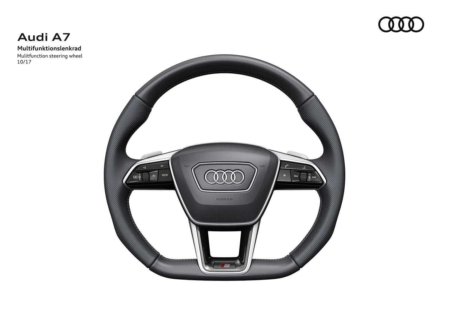 Volante multifunción de cuero del Audi A7 con comandos integrados.