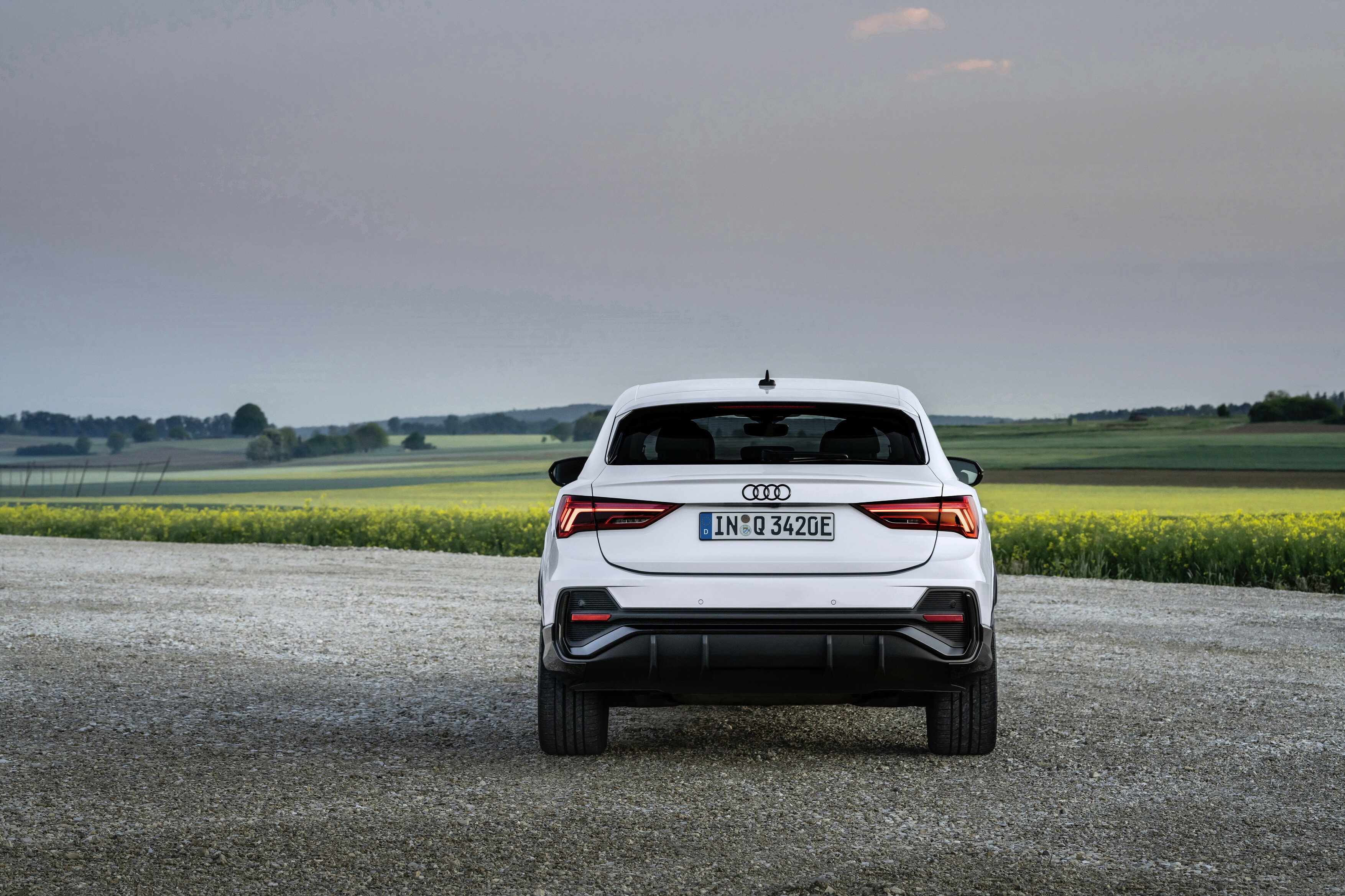 Audi Q3 Sportback mostrando su diseño trasero con un paisaje campestre al fondo.
