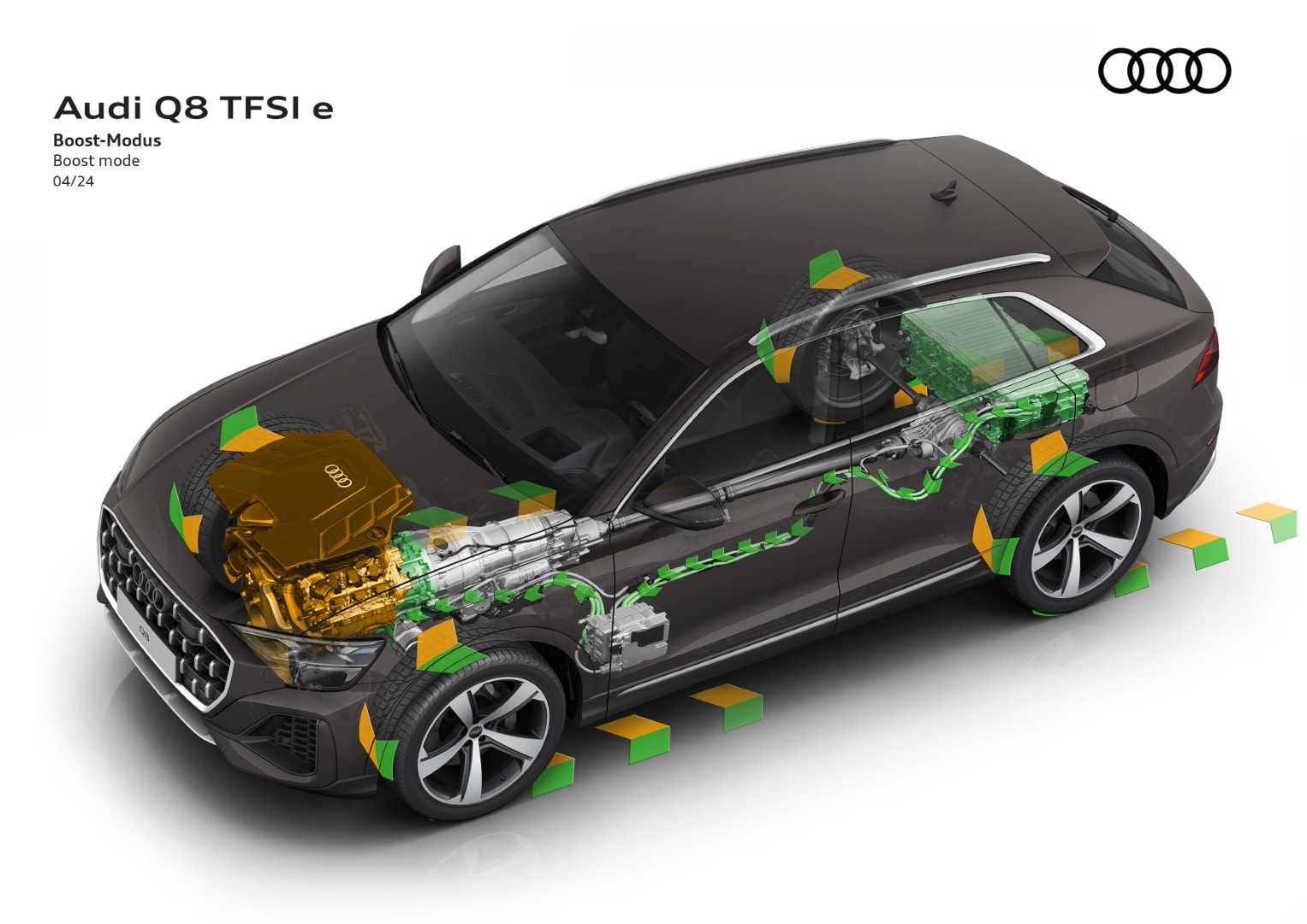 Visualización del modo Boost del sistema híbrido del Audi Q8 TFSI e, enfatizando la asistencia de potencia.
