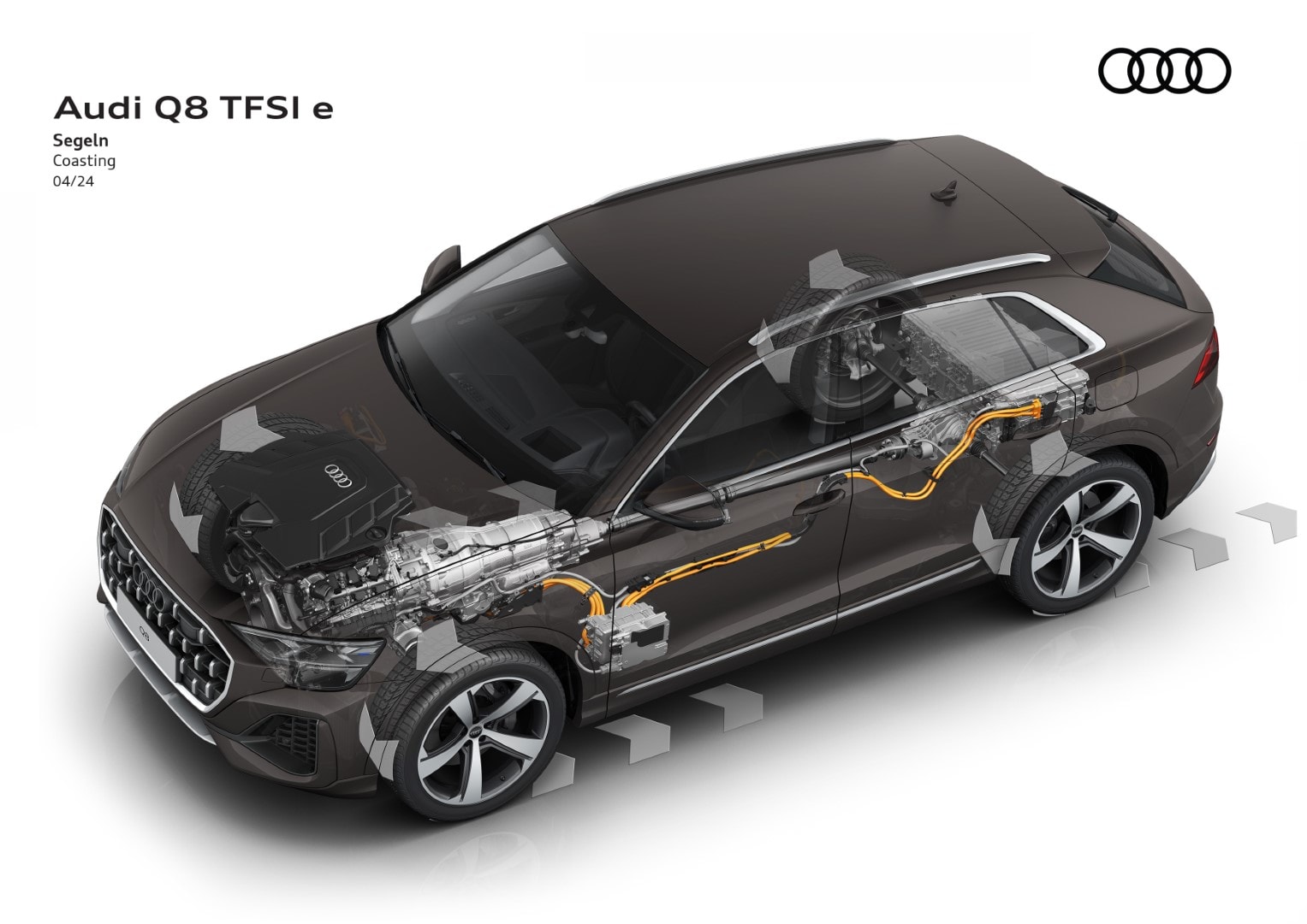 Imagen técnica del sistema de propulsión híbrido del Audi Q8.