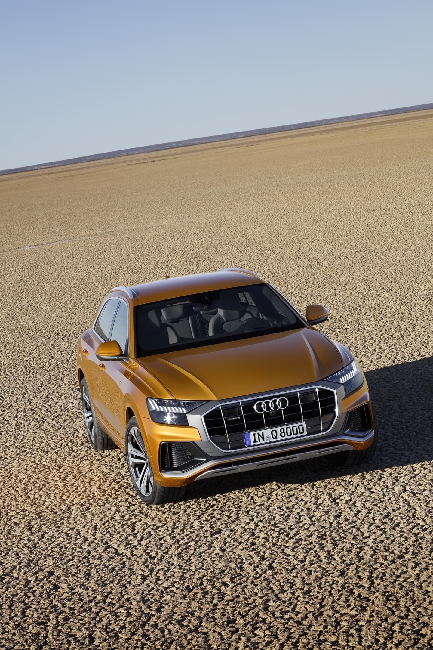 Perspectiva inclinada del Audi Q8 realzando su parrilla y faros.