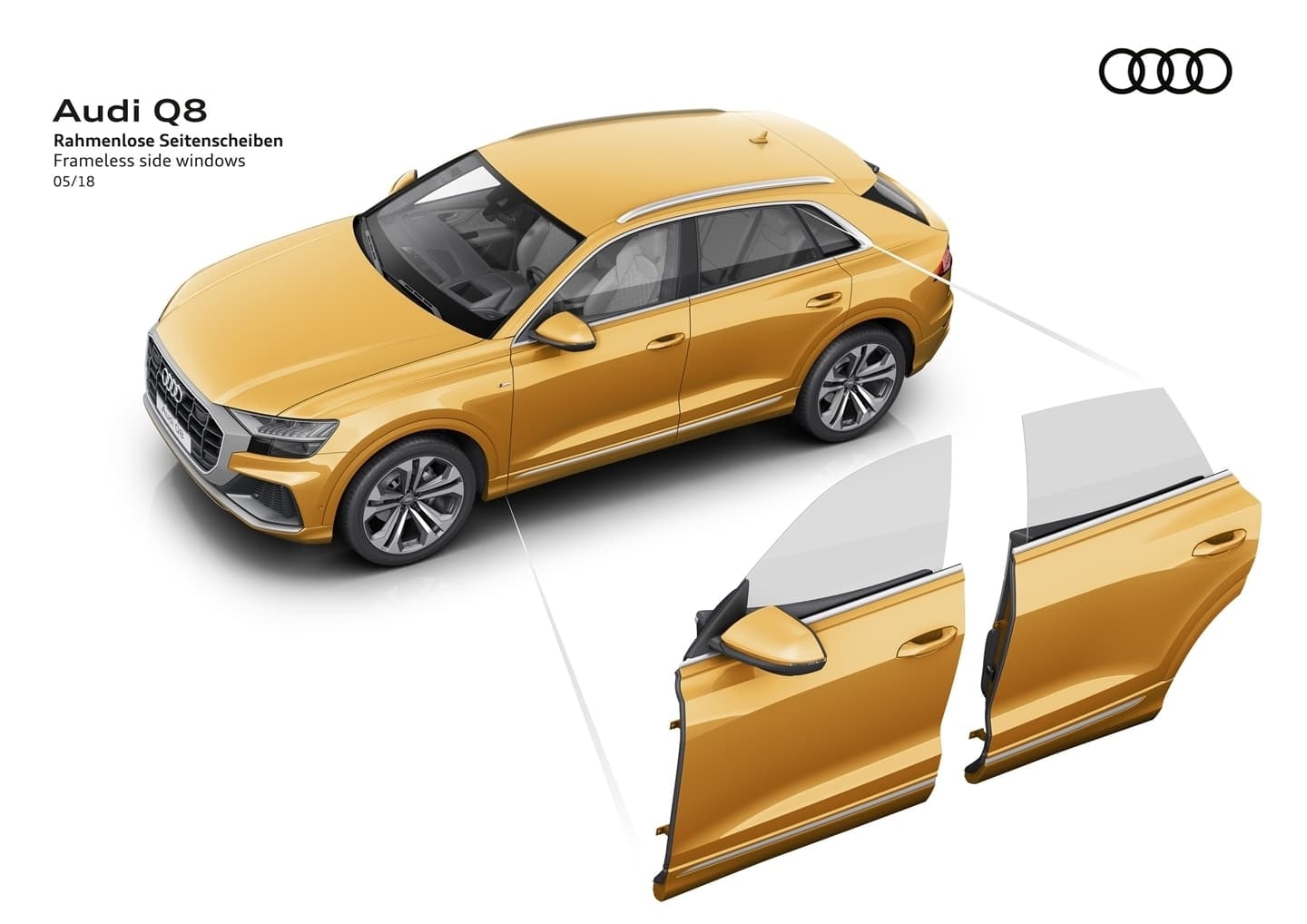 Ilustración técnica destacando las puertas del Audi Q8 con diseño de marco ausente.