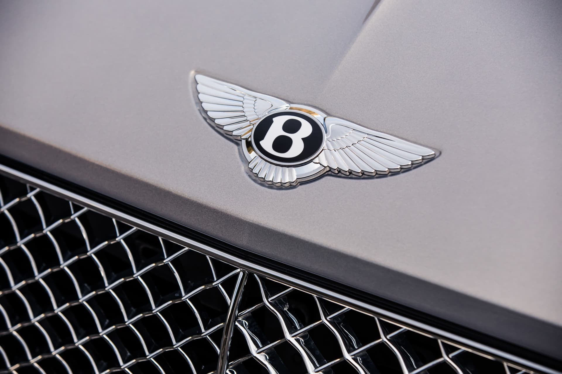Primer plano del emblema de Bentley sobre la parrilla, ícono de la marca.