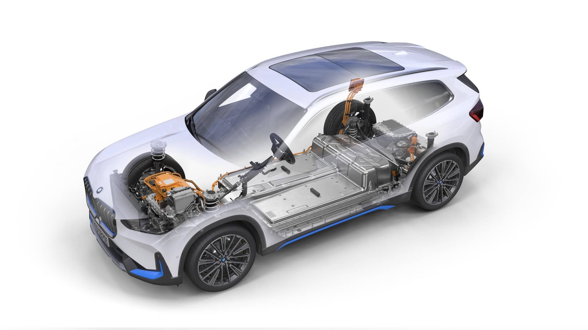 Imagen técnica que exhibe la configuración de la propulsión eléctrica del BMW iX1.