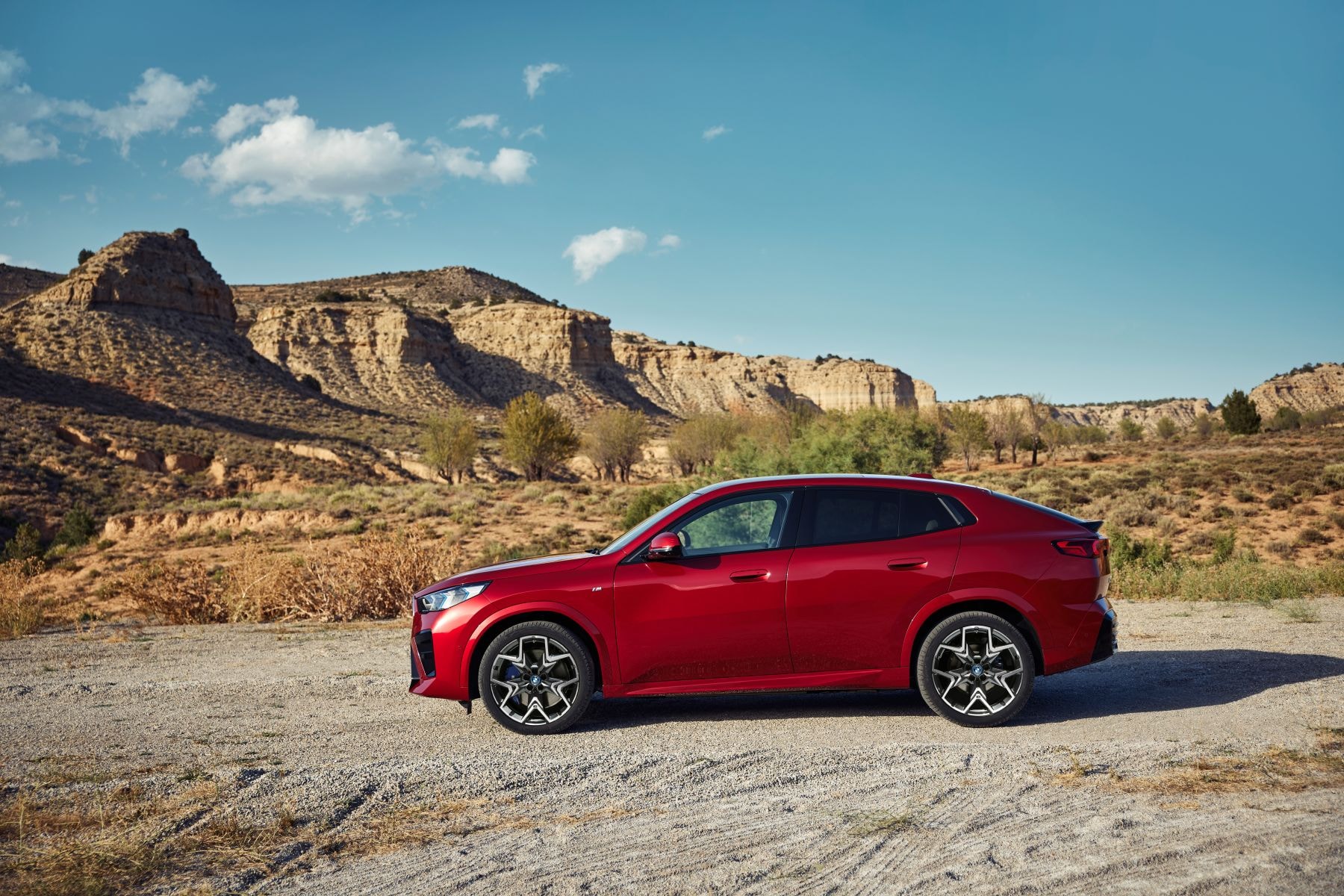 Vista lateral trasera del BMW iX2, mostrando su elegante diseño.