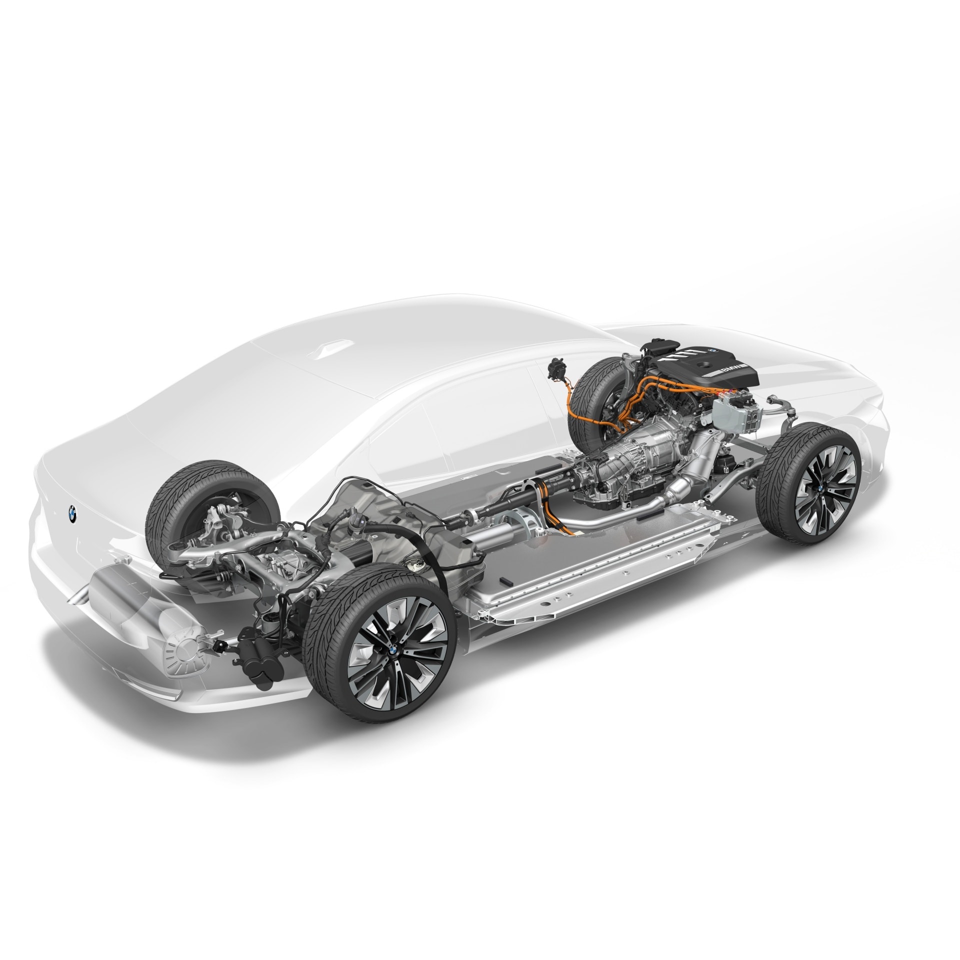 Estructura del chasis y tren motriz del BMW Serie 5 en vista superior.