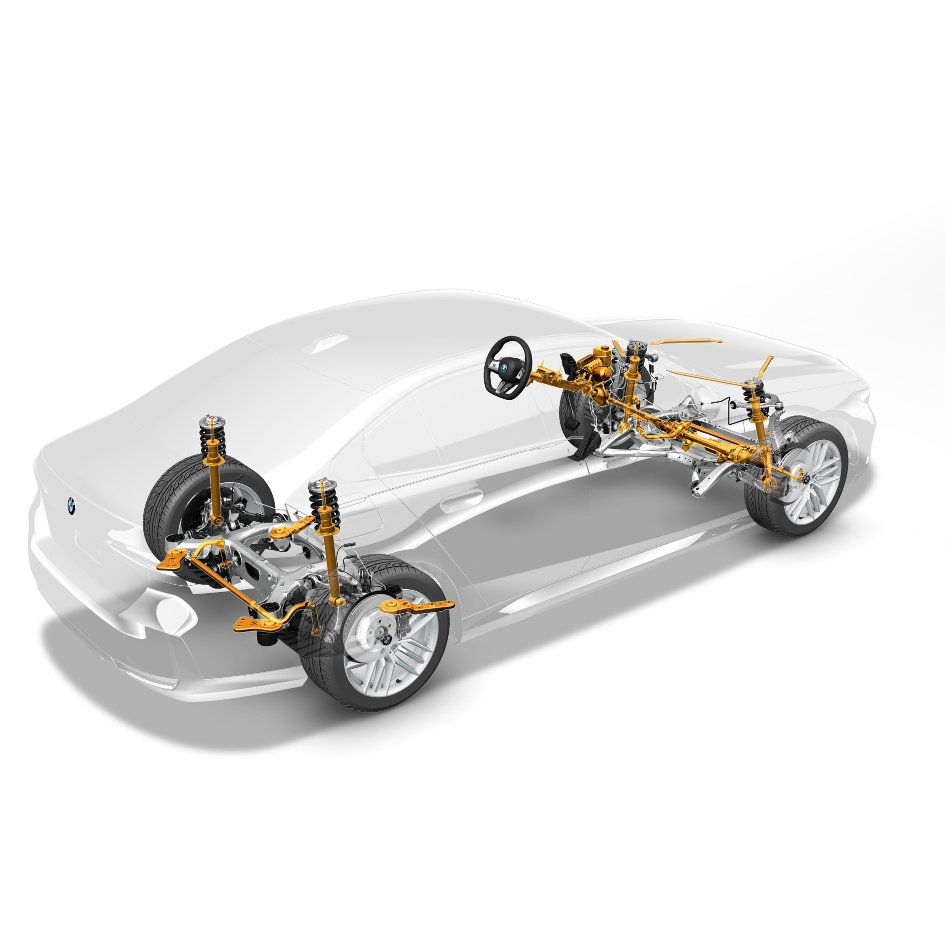 Vista superior del sistema de suspensión y dirección del BMW Serie 5.