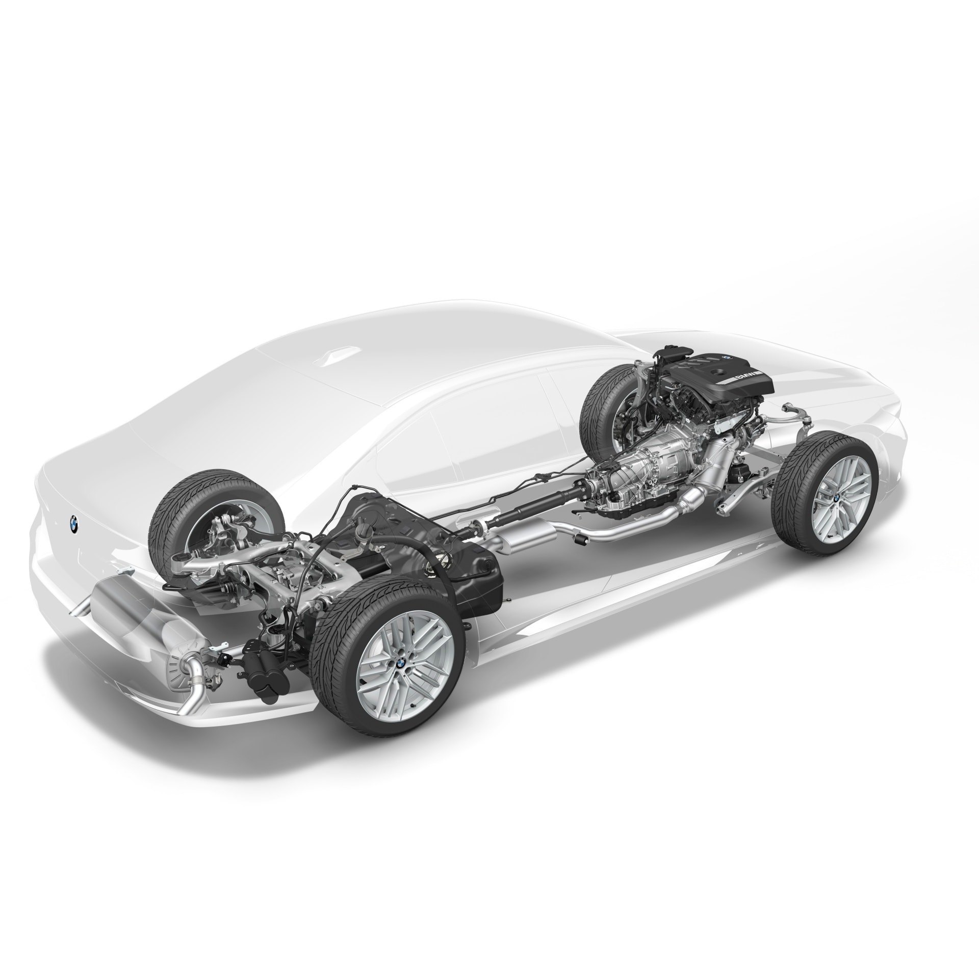 Vista superior detallada del tren motriz de un BMW Serie 5.