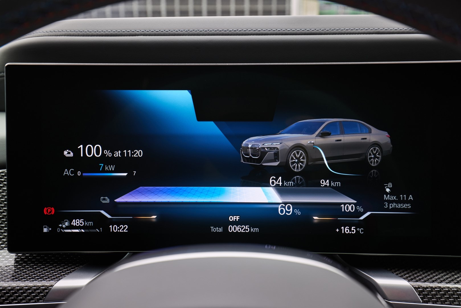 Pantalla digital mostrando autonomía y datos de carga del BMW Serie 7 híbrido.