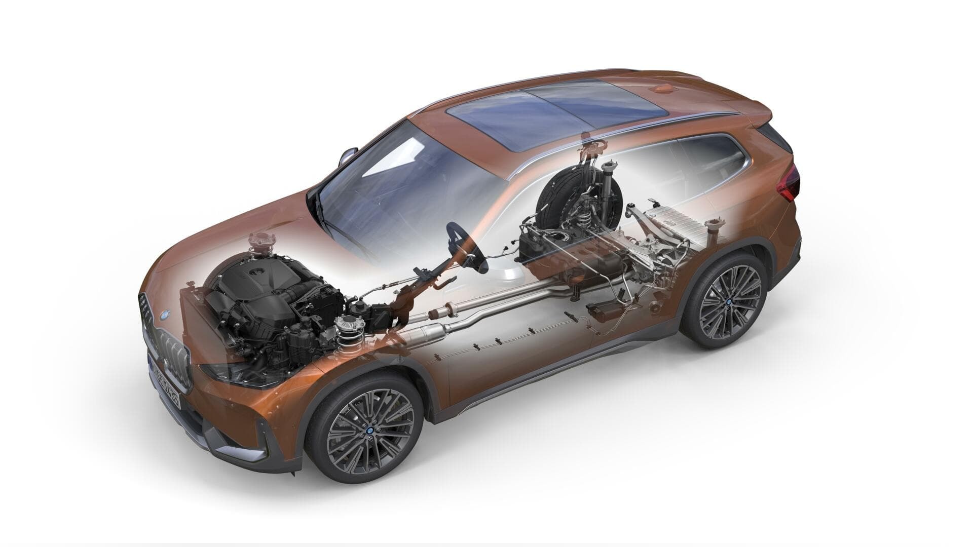 Alternativa de vista superior de la estructura de motor y batería del BMW X1.