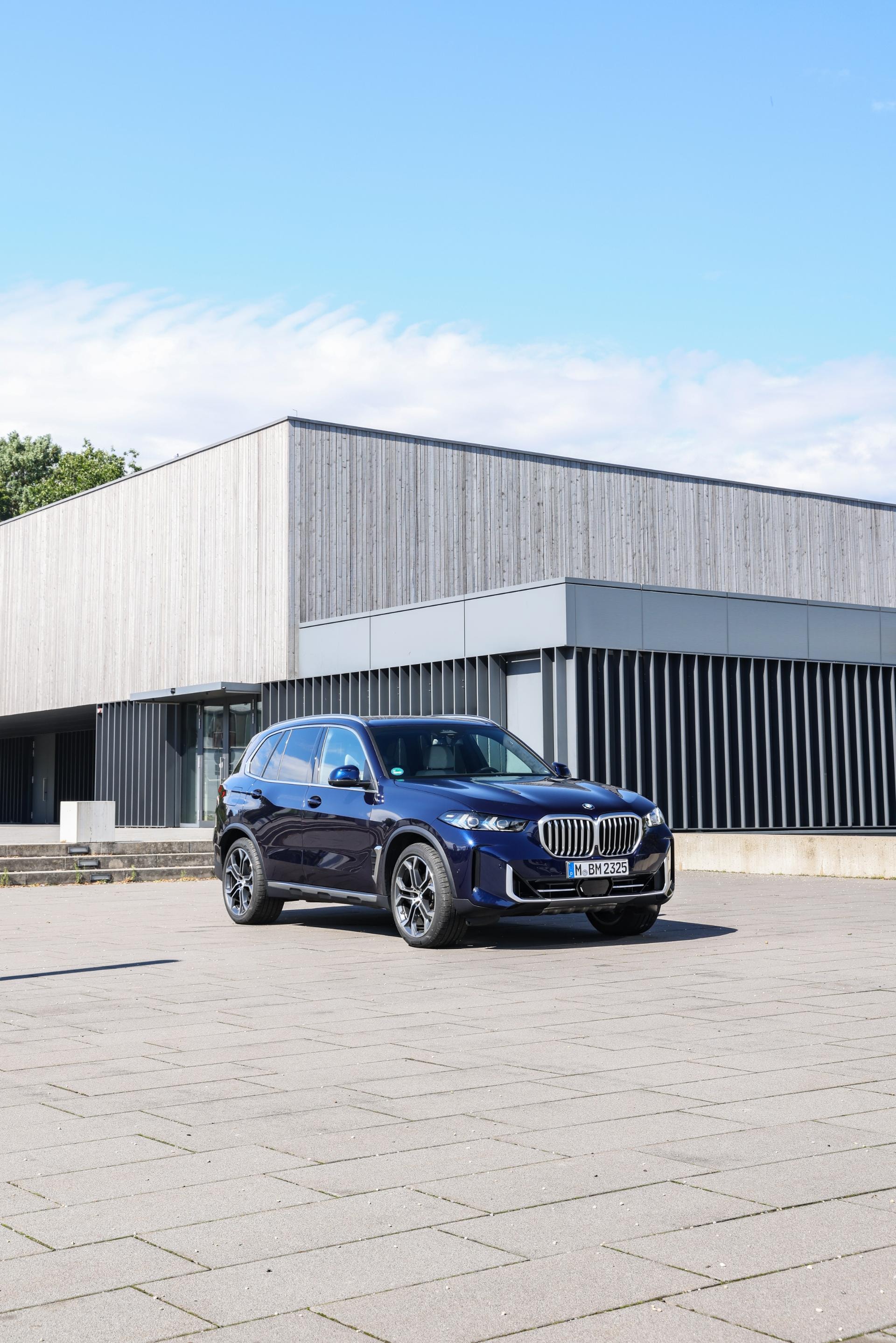 Imagen completa del BMW X5 Híbrido aparcado, exhibiendo su lateral y frontal.