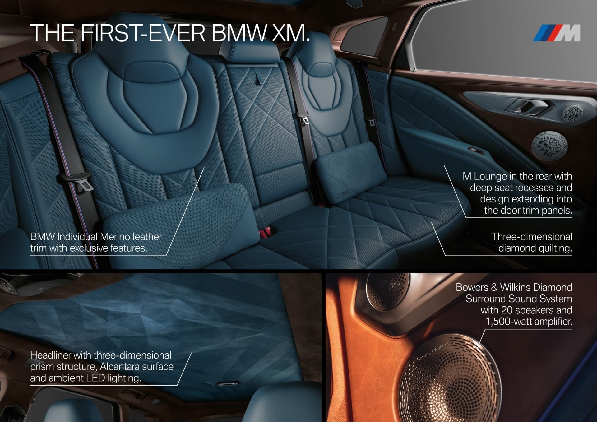 Plazas traseras del BMW XM con detalles de diseño y materiales premium.