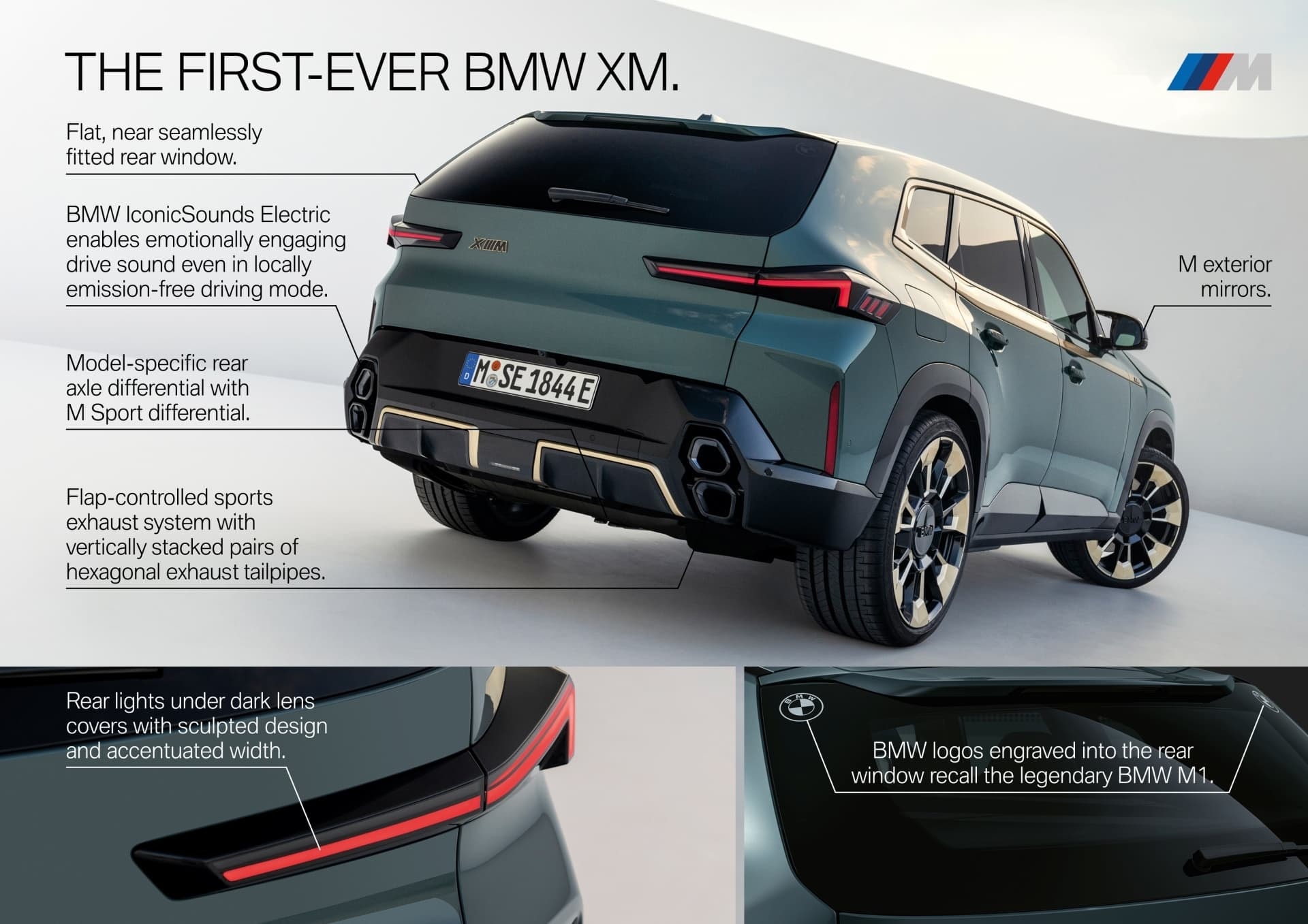 Trasera del BMW XM mostrando diseño exclusivo de luces y letrero M.