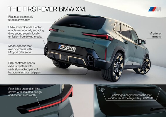 Trasera del BMW XM mostrando diseño exclusivo de luces y letrero M. Trasera del BMW XM mostrando diseño exclusivo de luces y letrero M.