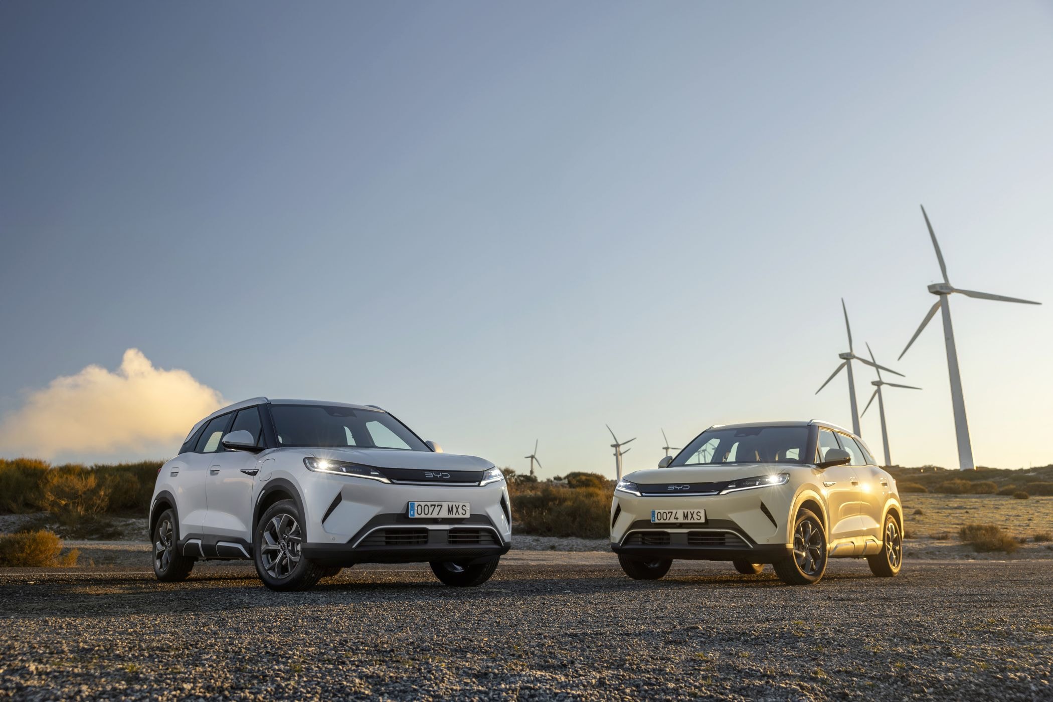 Vista trasera y lateral de dos BYD Atto 2, realzando su estética.