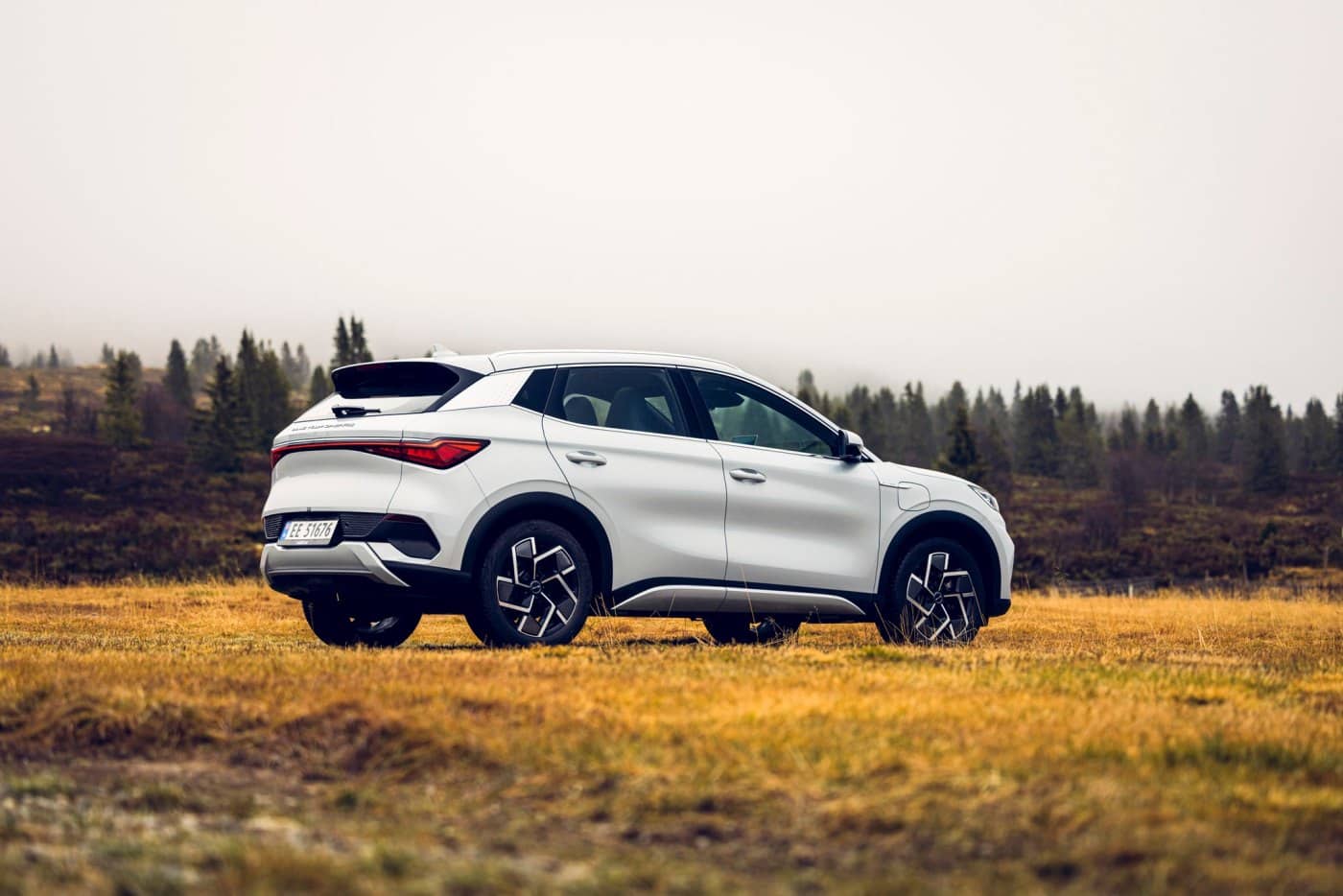 Vista lateral del BYD Atto3 en un entorno campestre