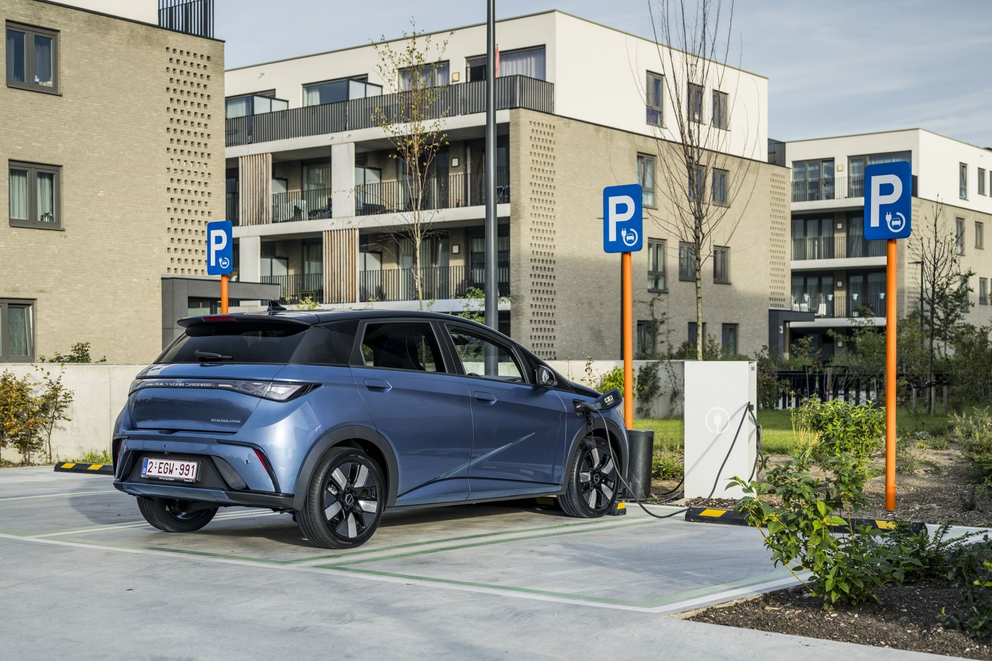 Enfoque frontal del BYD Dolphin, mostrando su parrilla y diseño característico.