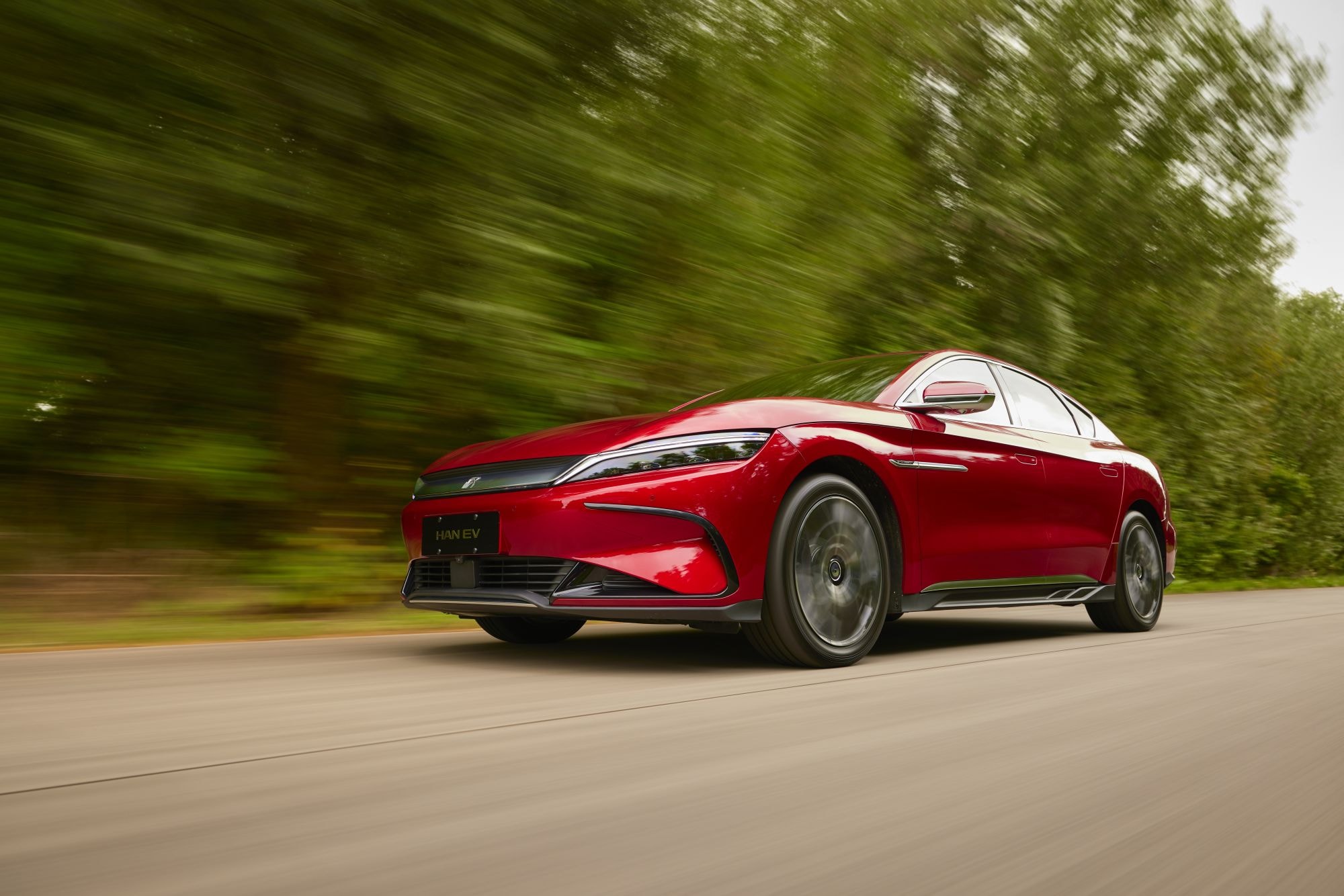 Primer plano del logotipo y detalle de la carrocería del BYD Han.