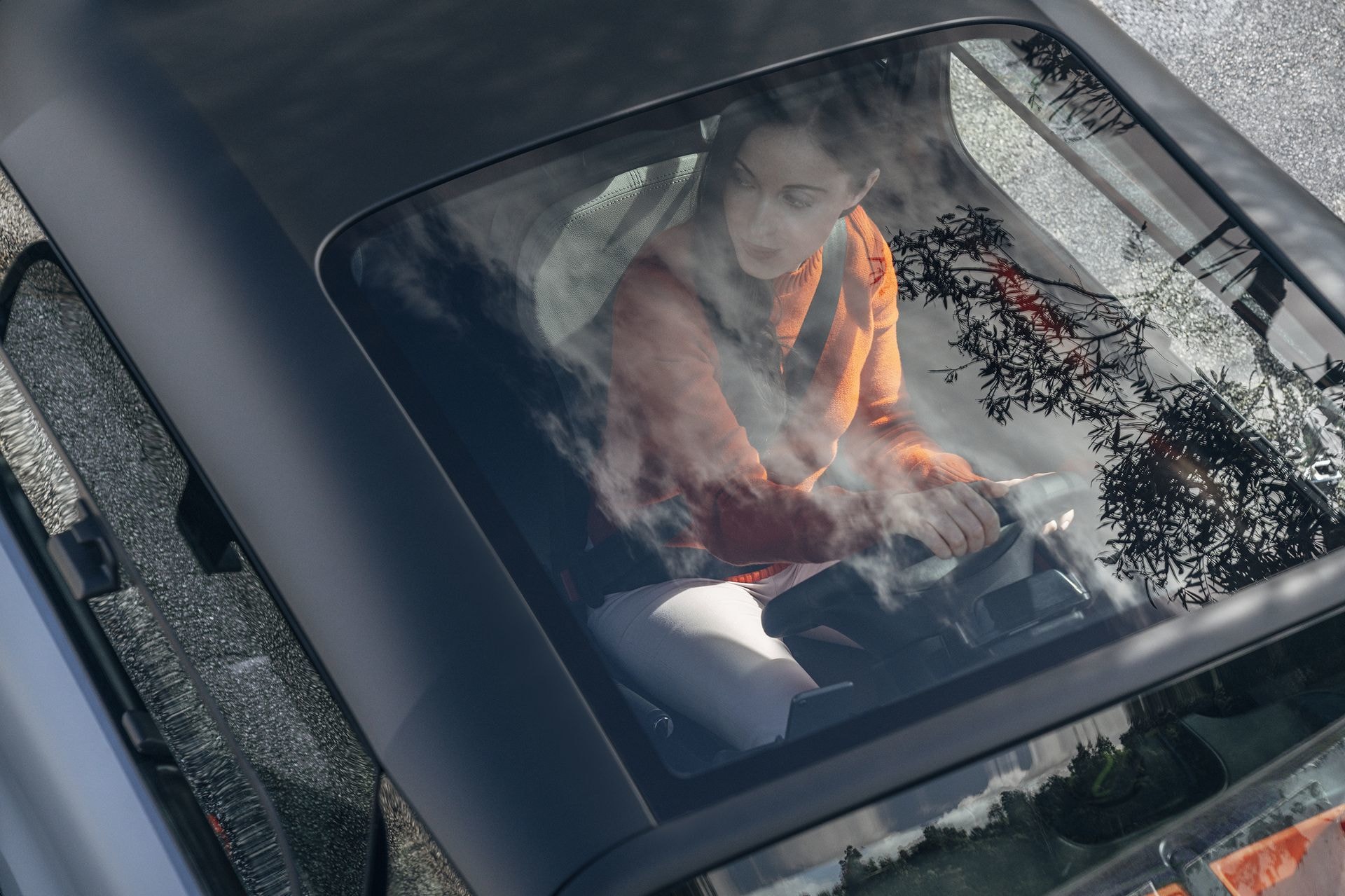 Vista del techo panorámico del Citroën AMI ofreciendo una experiencia amplia y luminosa.