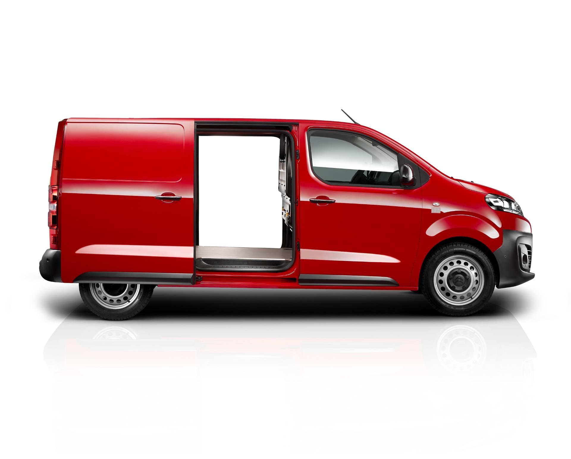 Citroën Jumpy roja con puertas laterales abiertas mostrando acceso al interior.