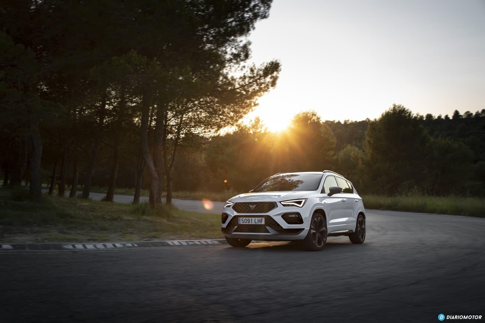 Cupra Ateca captado al atardecer, reflejando su diseño en un entorno natural.