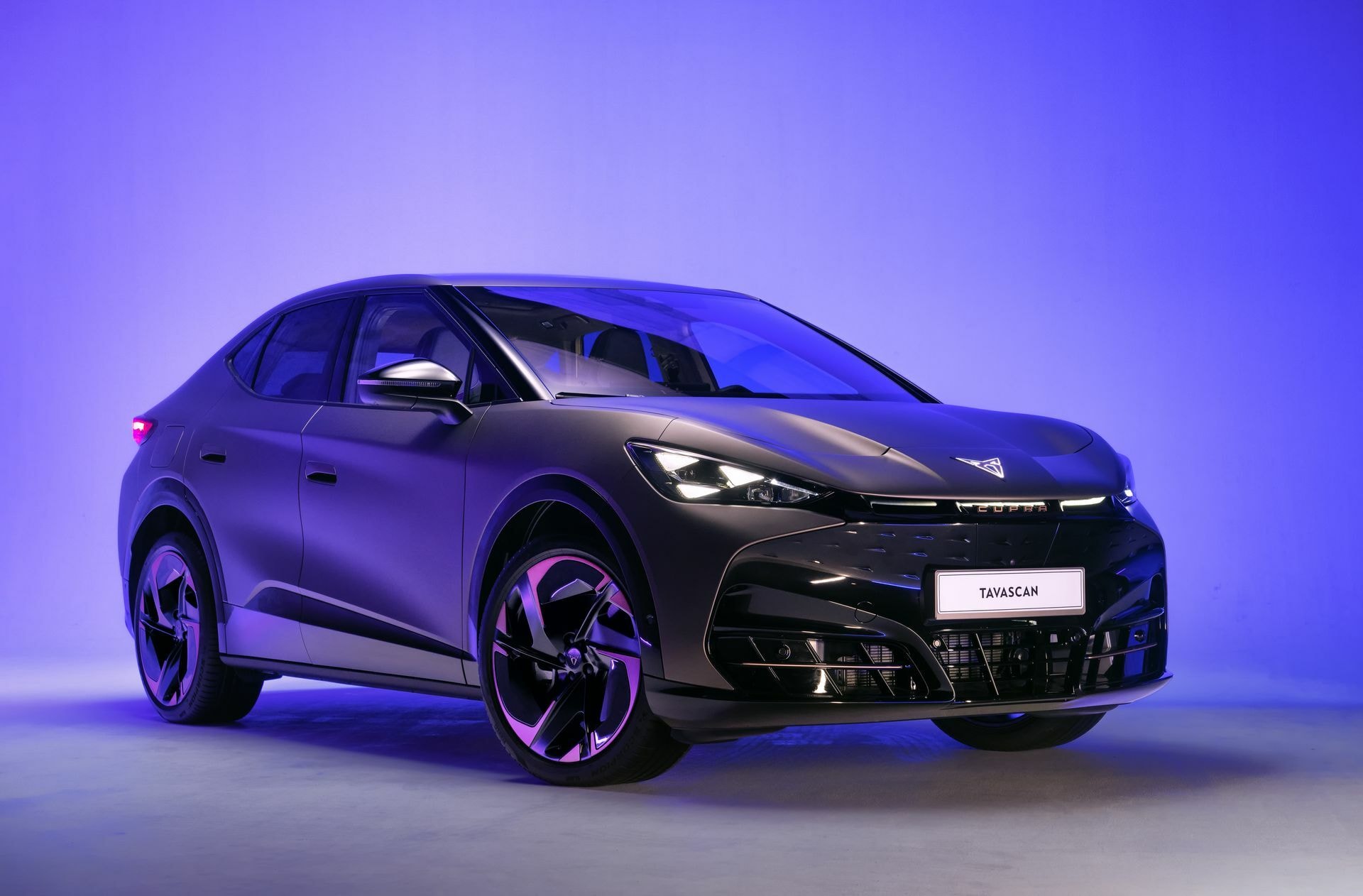 Vista frontal del Tavascan destacando su parrilla y faros LED.