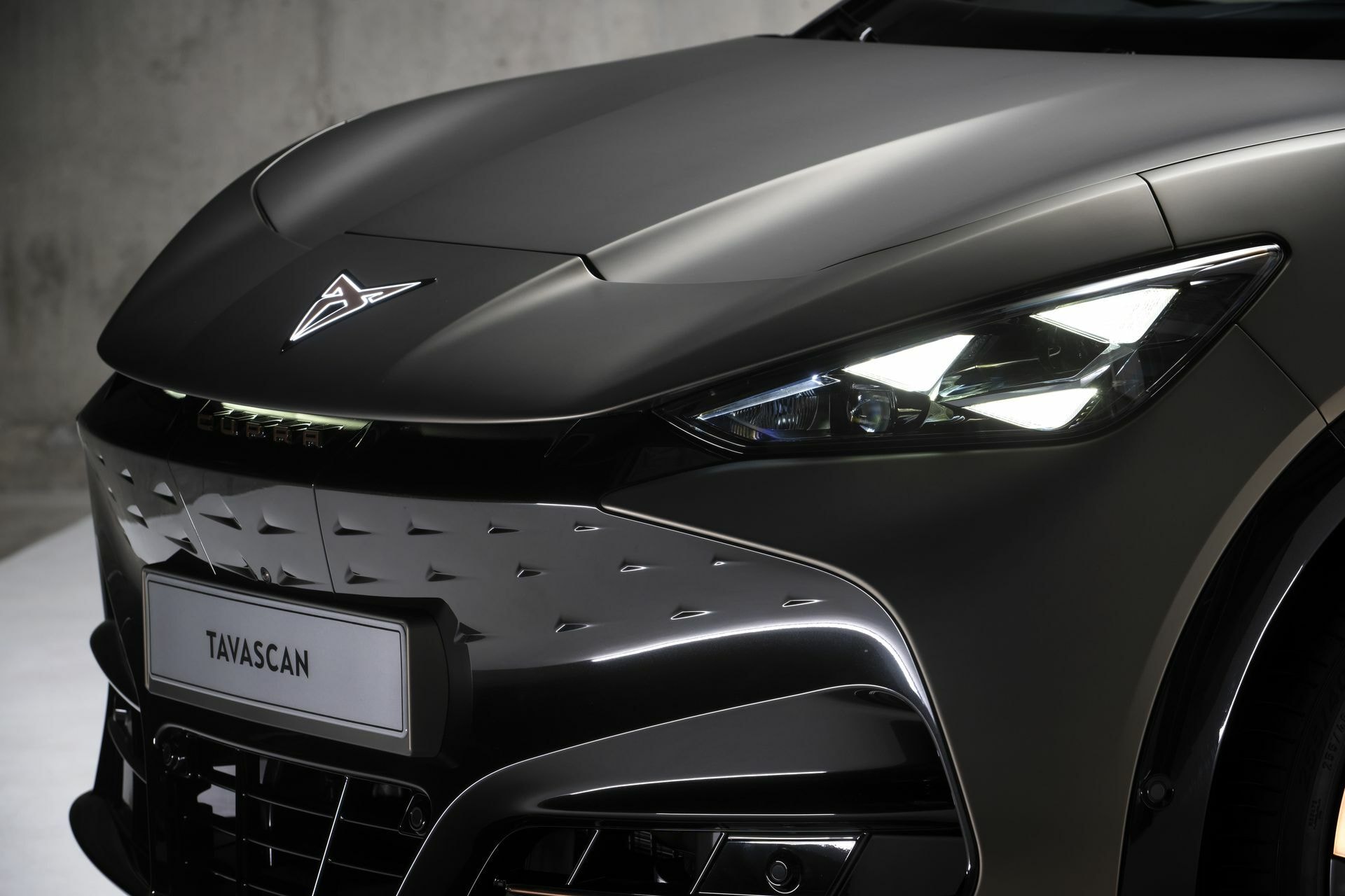 Fotografía frontal que muestra la firma lumínica y la parrilla distintiva de Cupra.