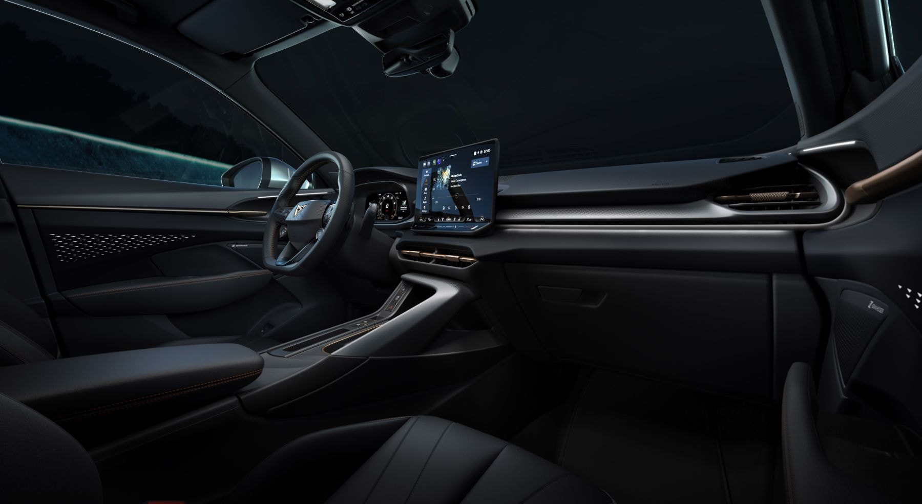 Vista superior del interior, destacando la consola central y los asientos bien diseñados.