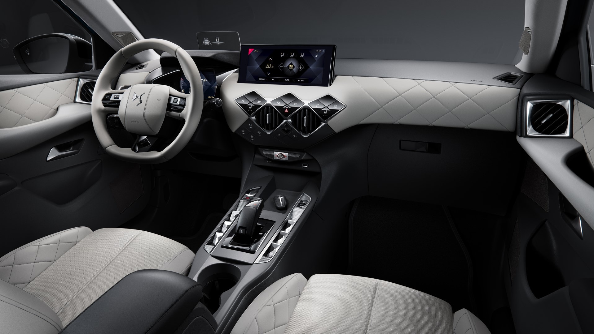 Vista del interior del DS 3, mostrando asientos en cuero con diseño diamante.