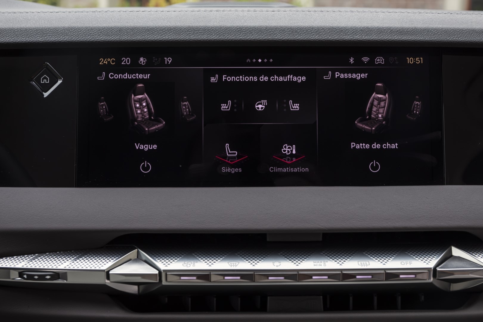 Pantalla mostrando las opciones de ajuste de los asientos del DS 4.