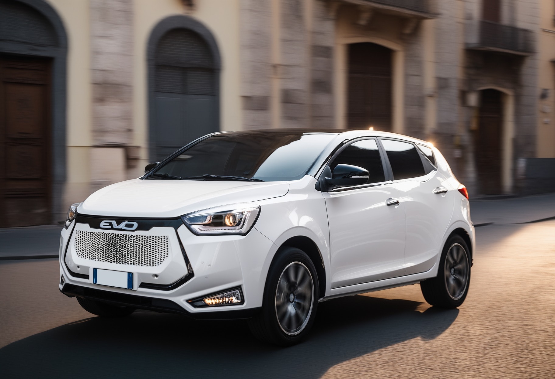 Vista interior del EVO 3 con asientos deportivos y un diseño moderno.