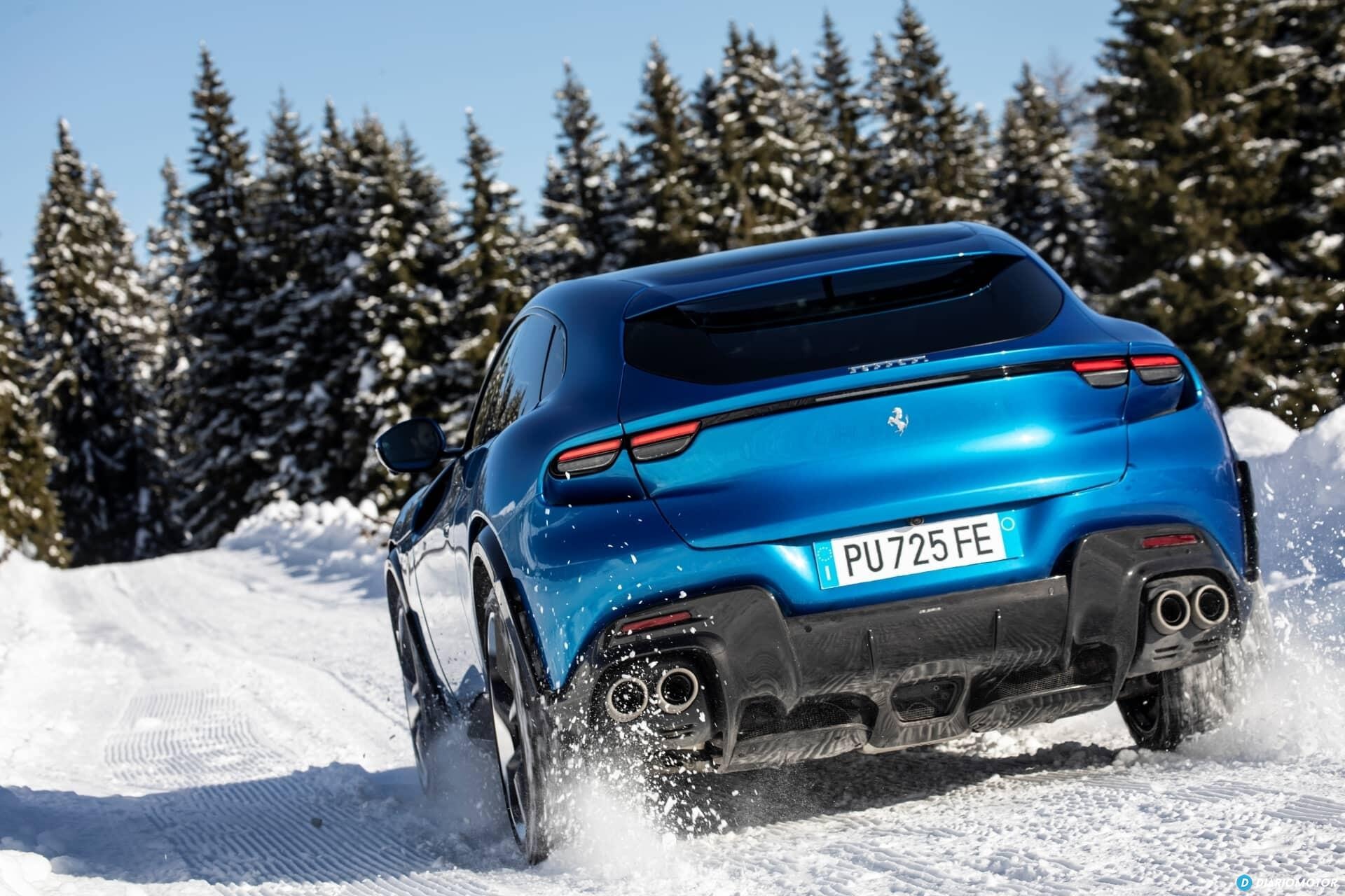 Ferrari Purosangue mostrando su potente salida en condiciones de hielo.