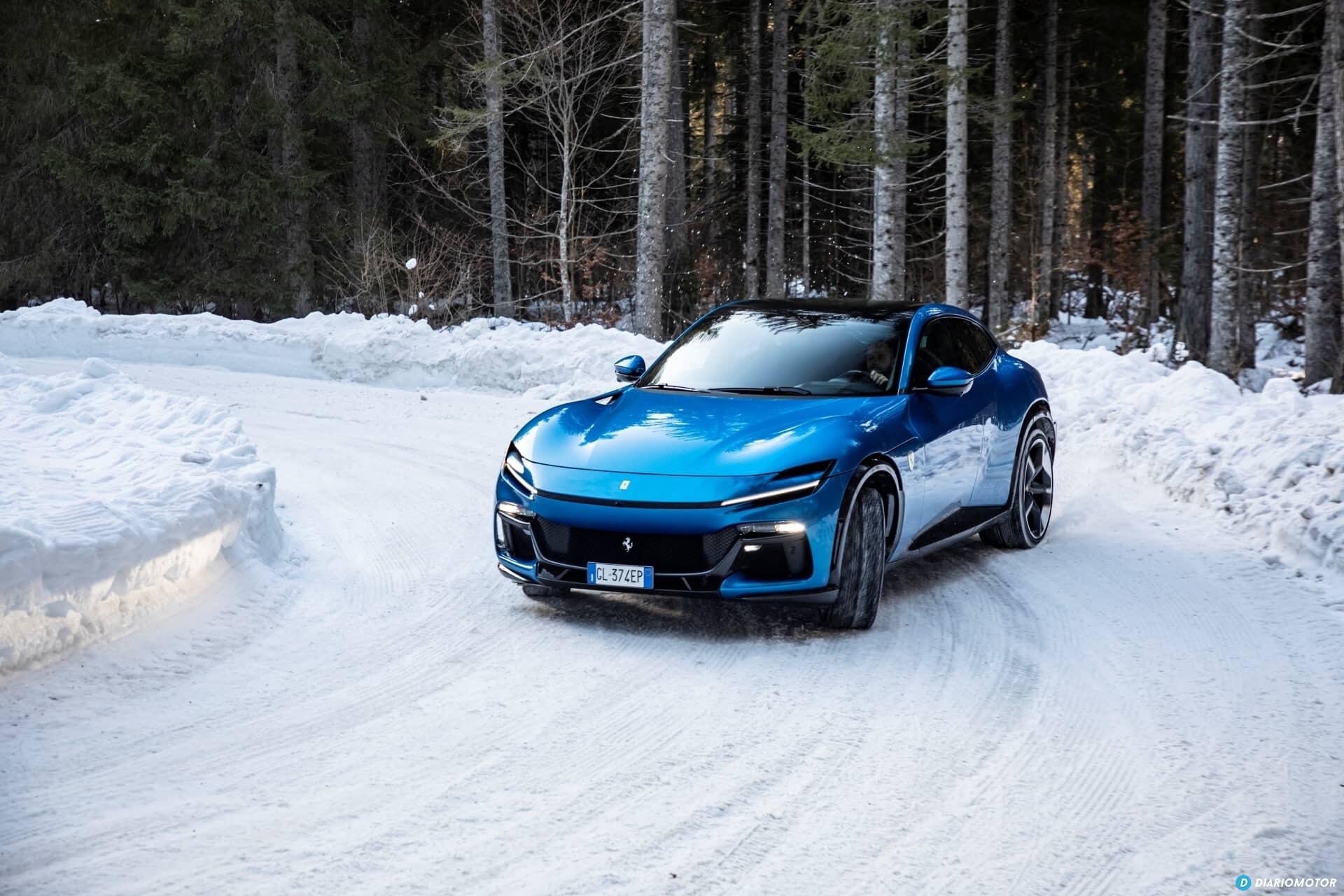 Potente estampa del Purosangue cruzando la carretera invernal.