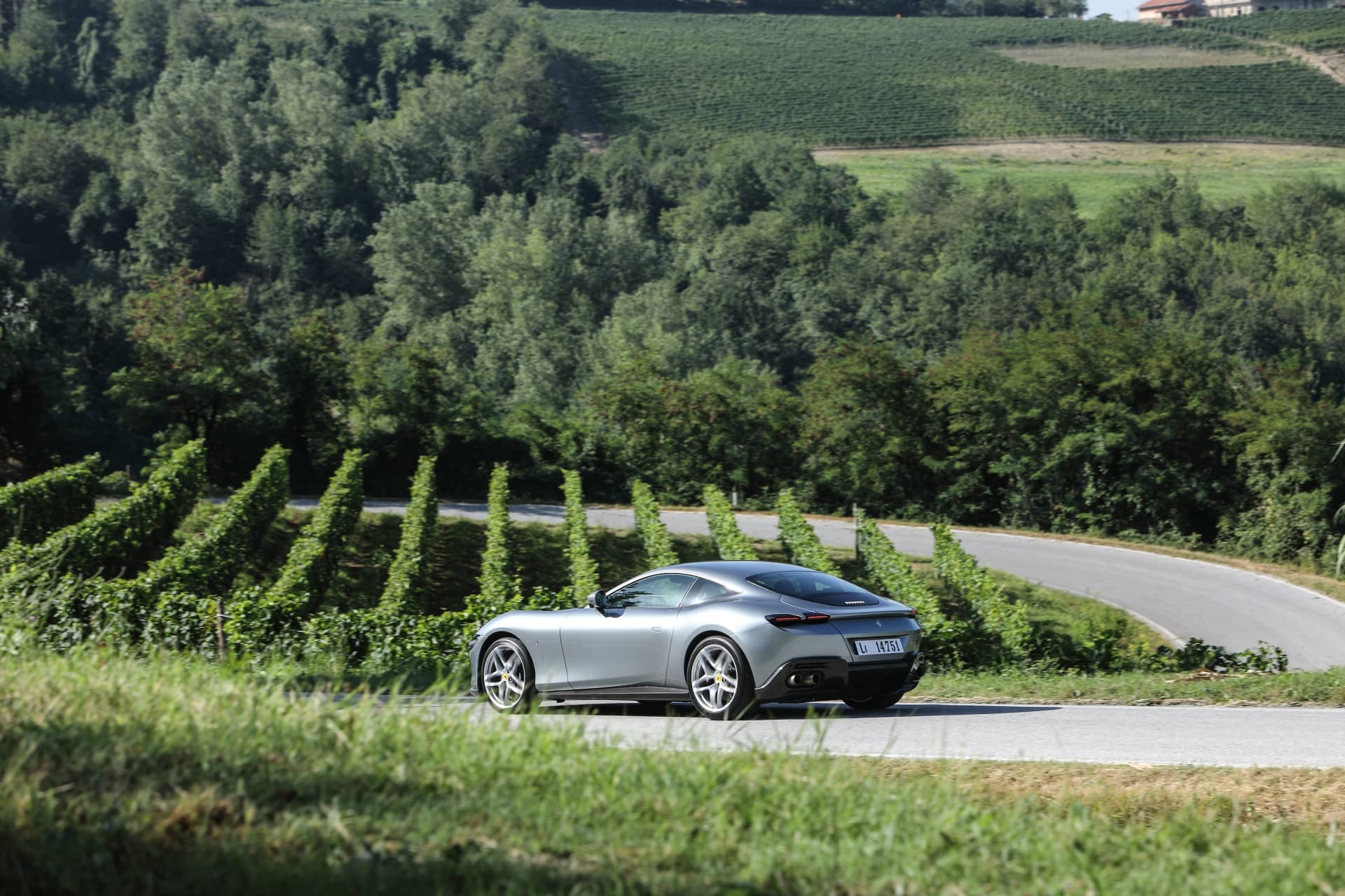 Vista trasera del Ferrari Roma, con viñedos en el fondo y curvas que expresan velocidad.