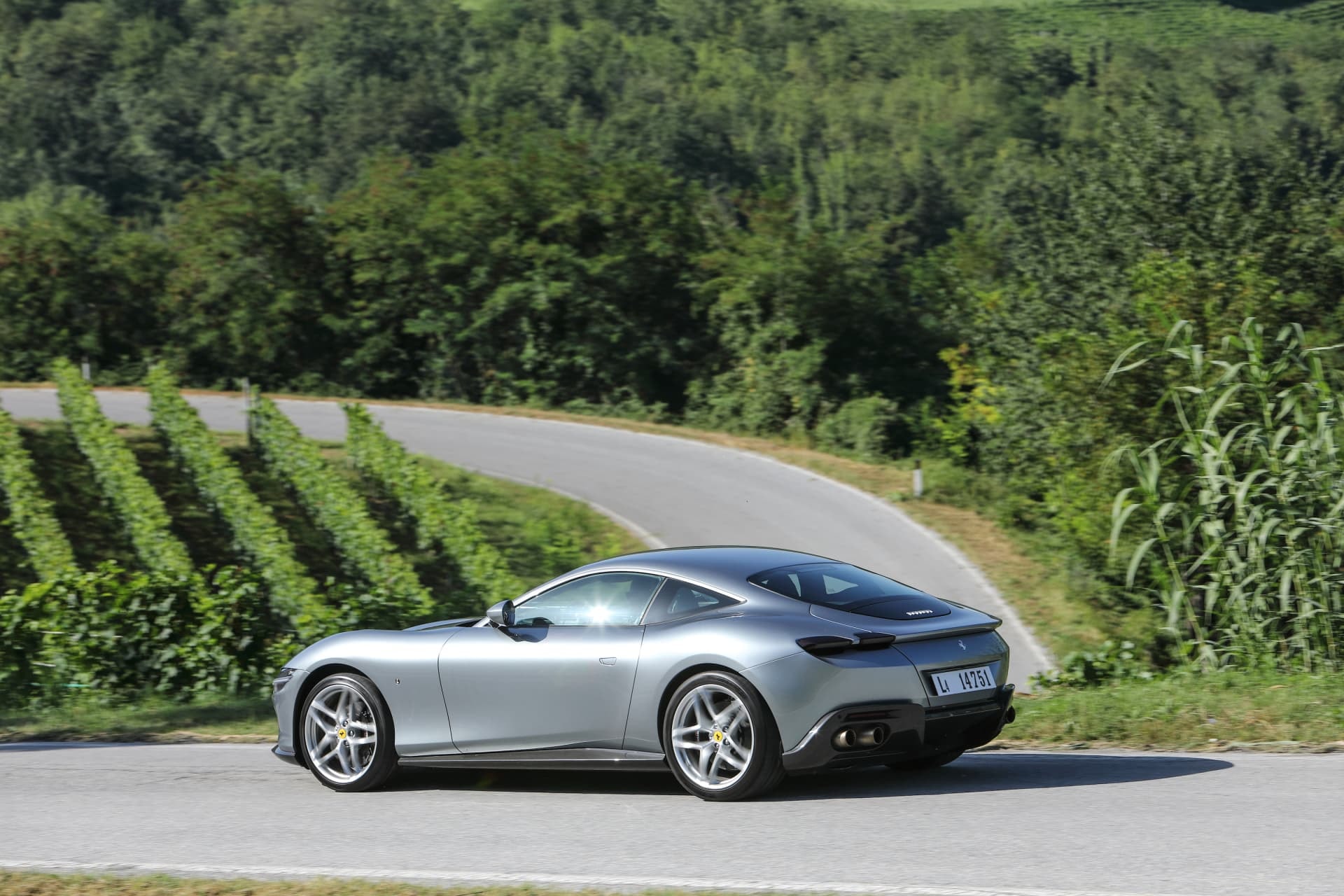 Imagen que muestra la trasera y lateral del Ferrari Roma en un entorno campestre