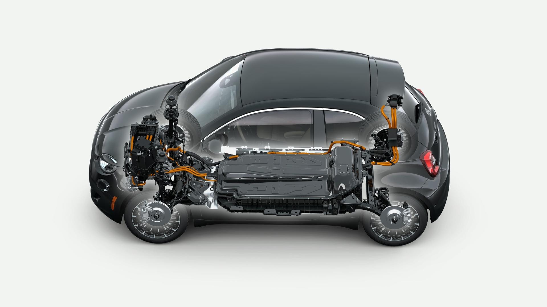 Imagen técnica del chasis y tren motriz del Fiat 500e.