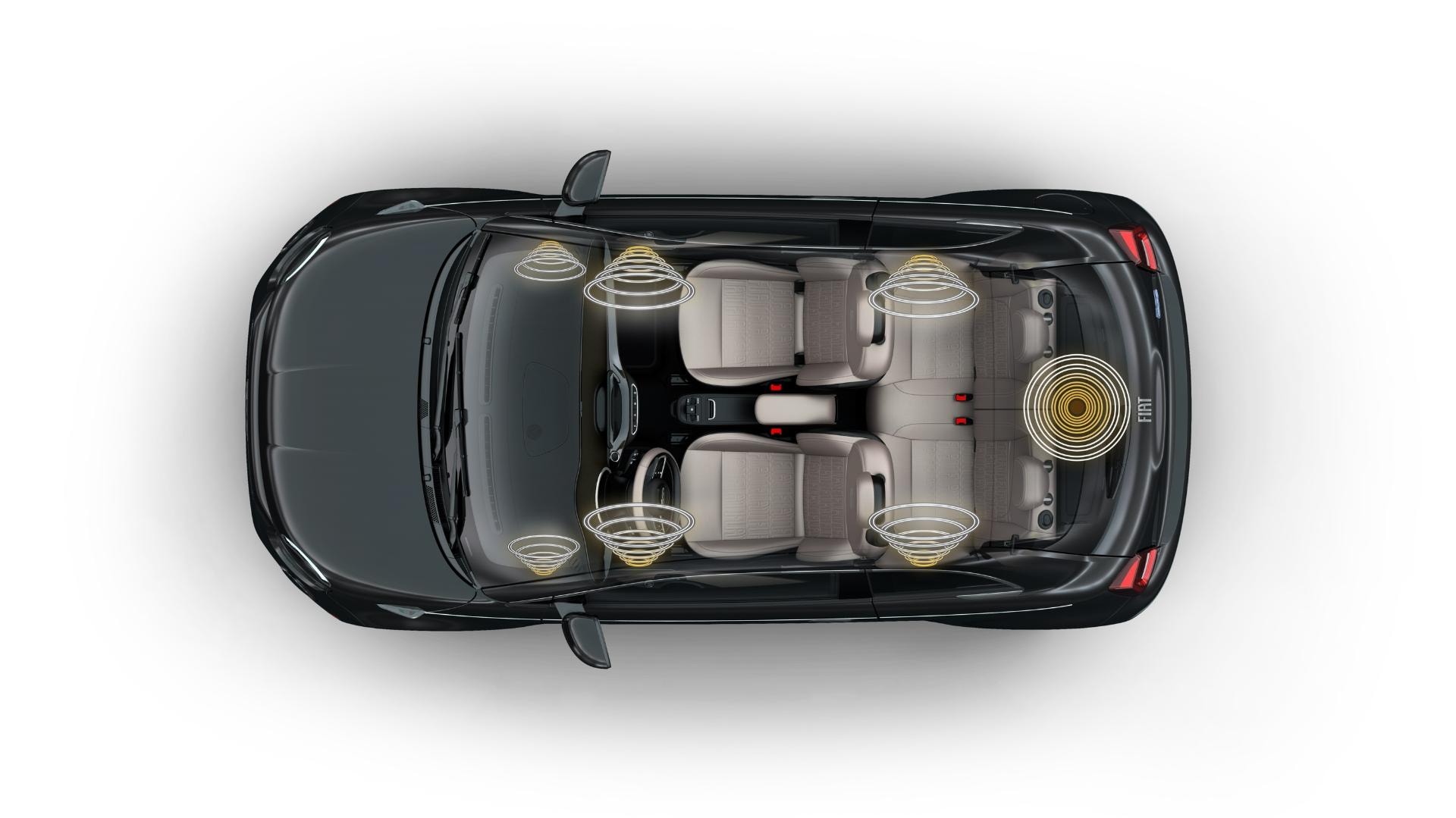 Perspectiva aérea del interior que muestra la distribución de asientos.