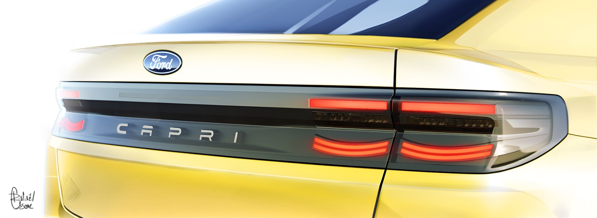 Vista cercana de la sección trasera del Ford Capri resaltando el nombre y las luces LED.