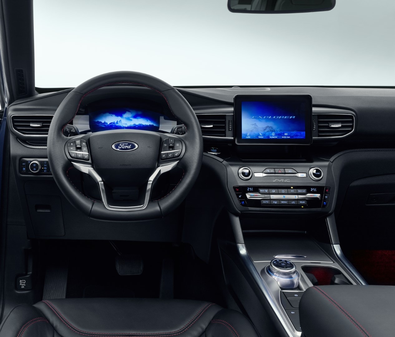 Vista del puesto de conducción con énfasis en la tecnología.