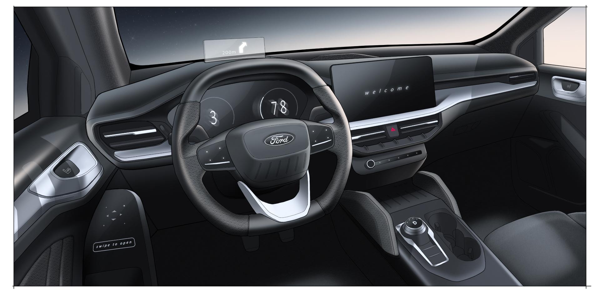 Vista panorámica del habitáculo y volante multifuncional.