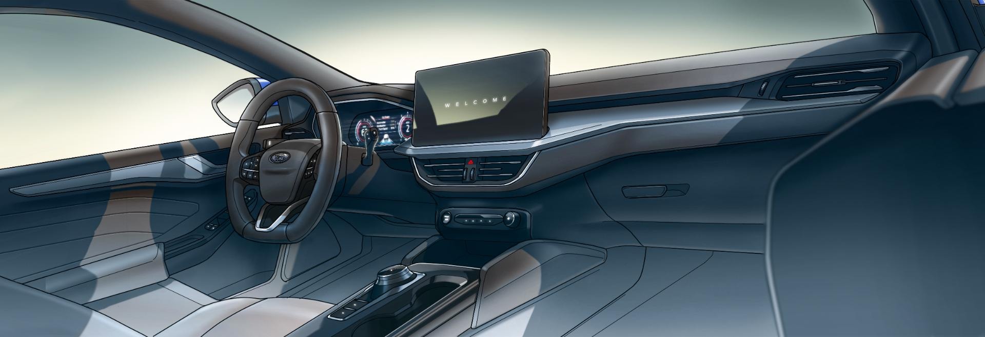 Visión panorámica del interior del Ford Focus Sportbreak, destacando diseño y espacio.