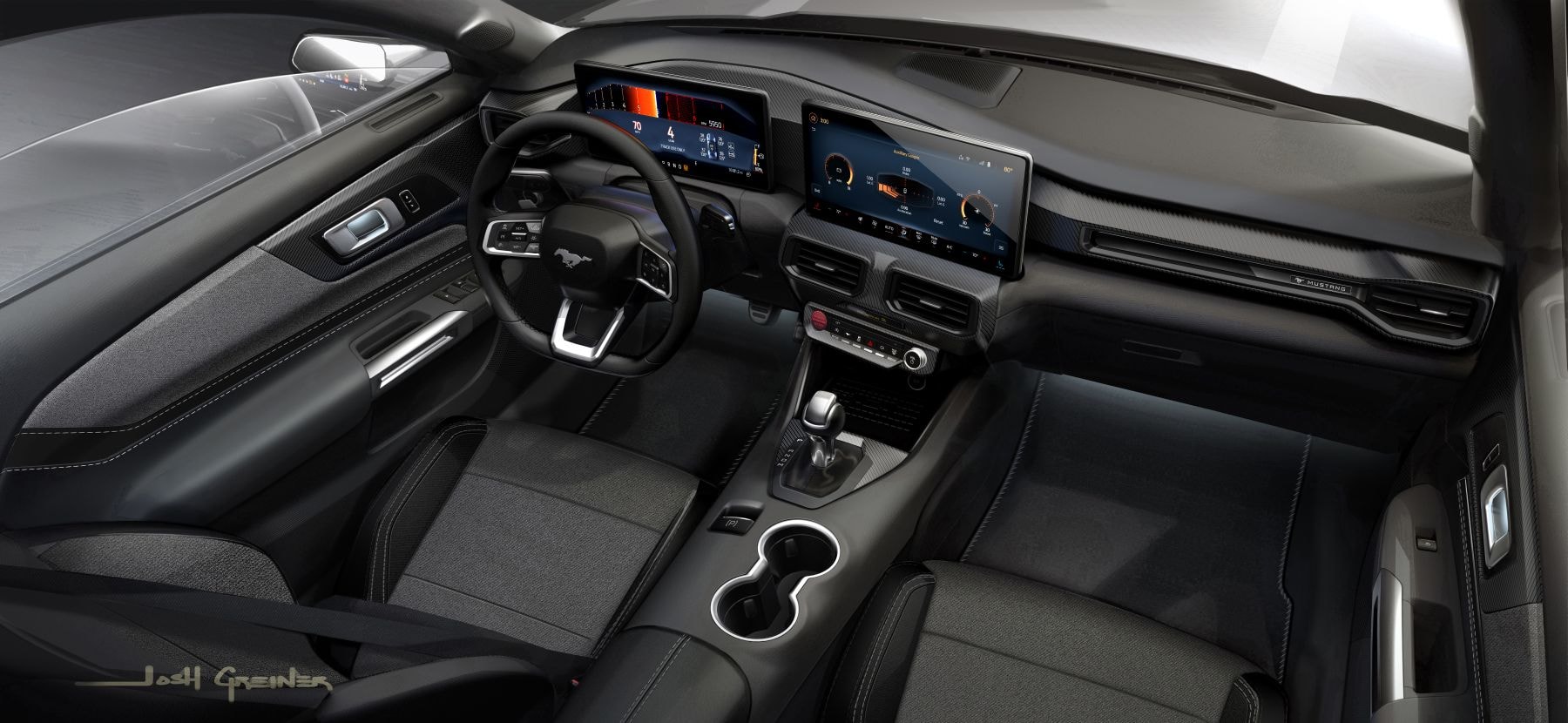 Interior del Ford Mustang con un diseño moderno y tecnológico.