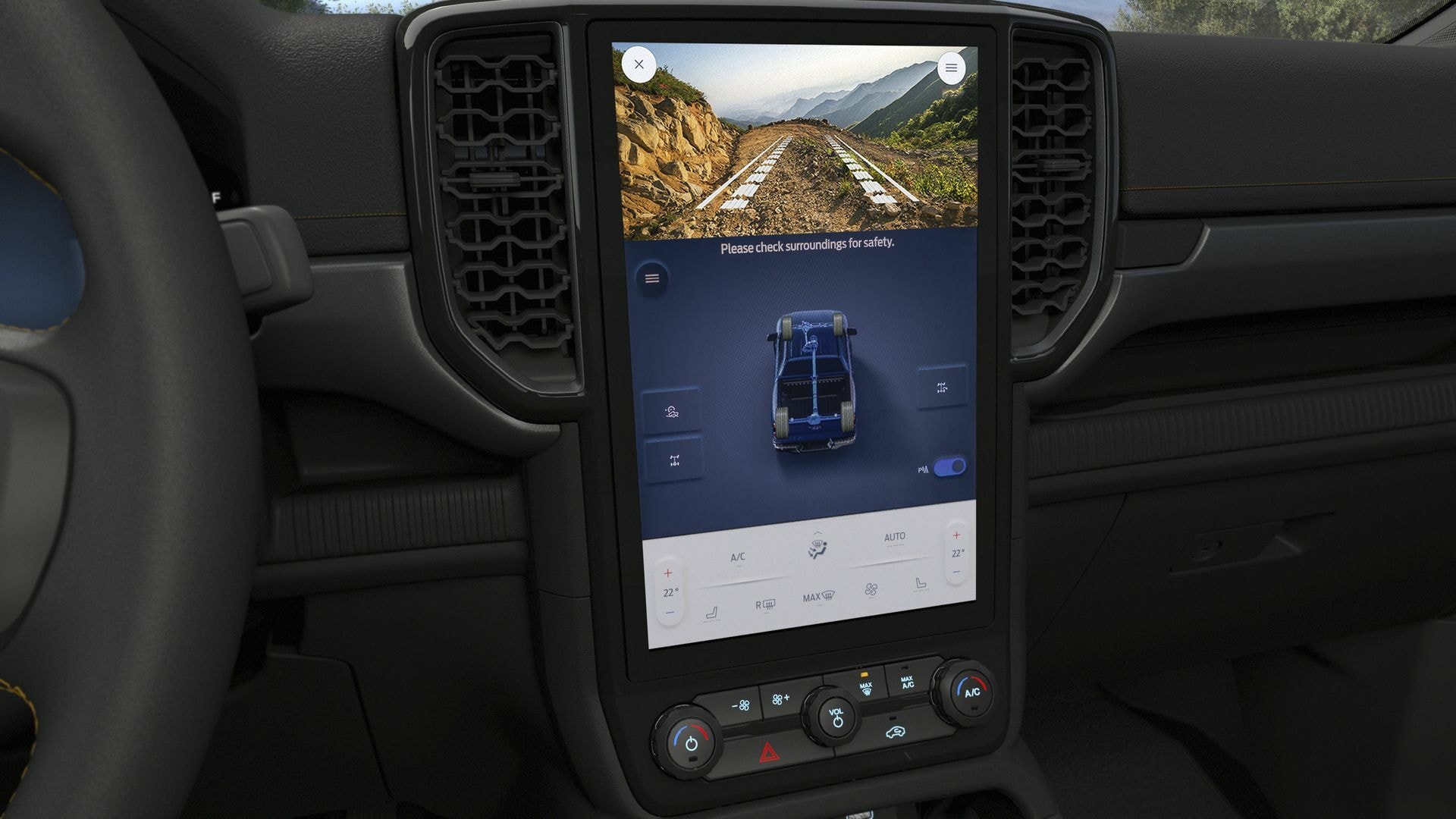 Detalle del sistema de infotainment SYNC4 en Ford Ranger con pantalla táctil de amplias dimensiones.