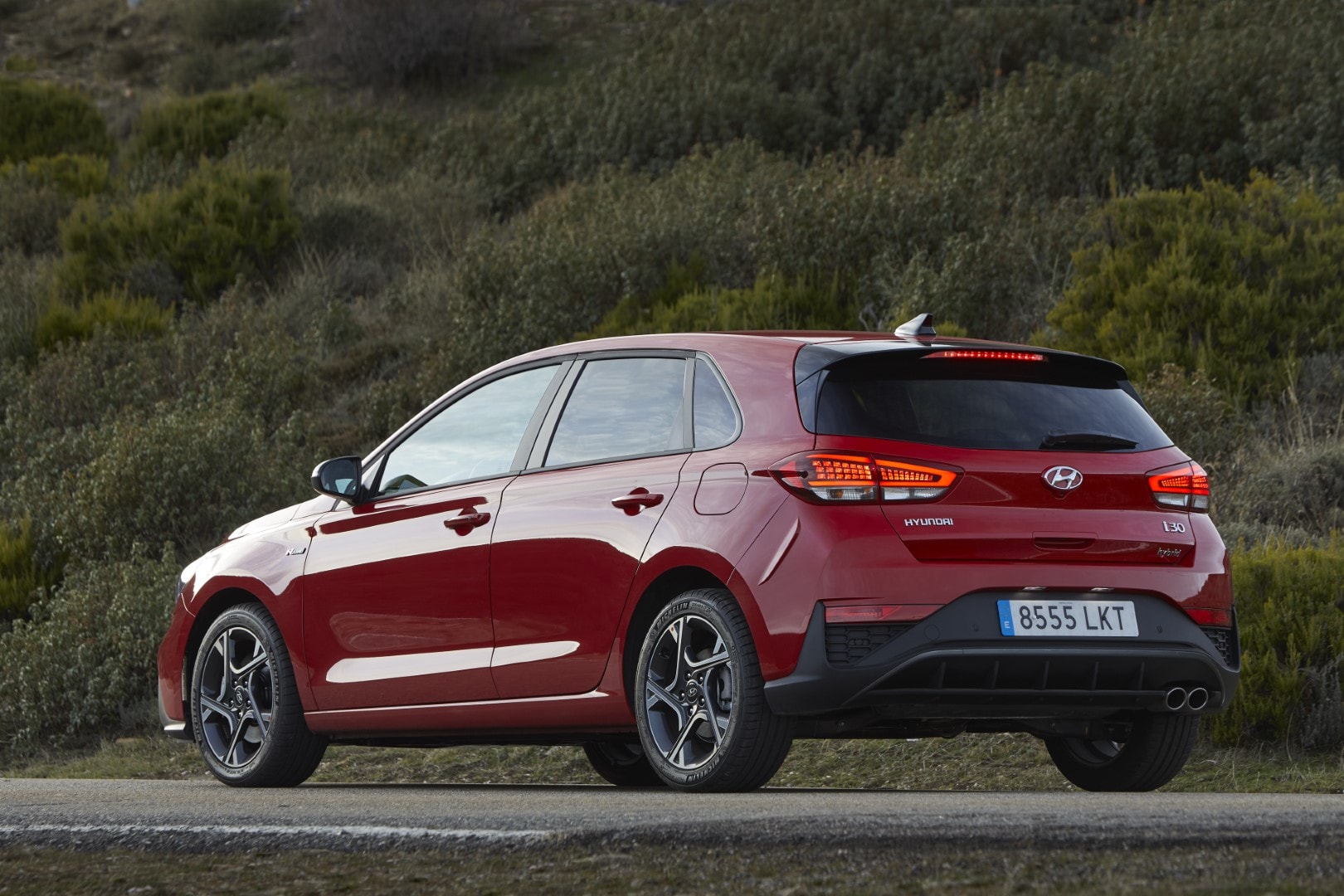 Vista trasera y lateral del Hyundai i30 sobre fondo de naturaleza.